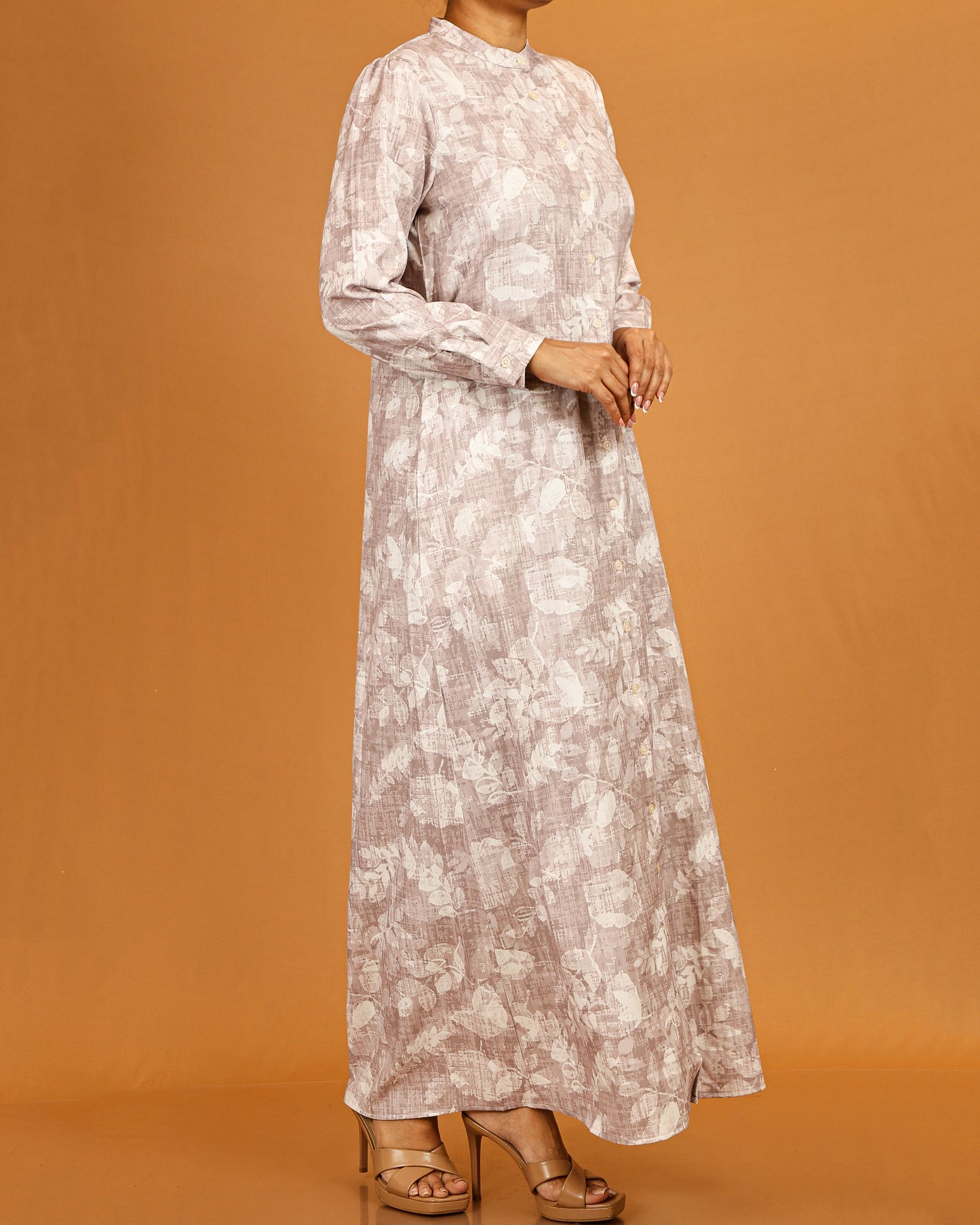 Botanical Textured Button-Front Maxi – Taupe