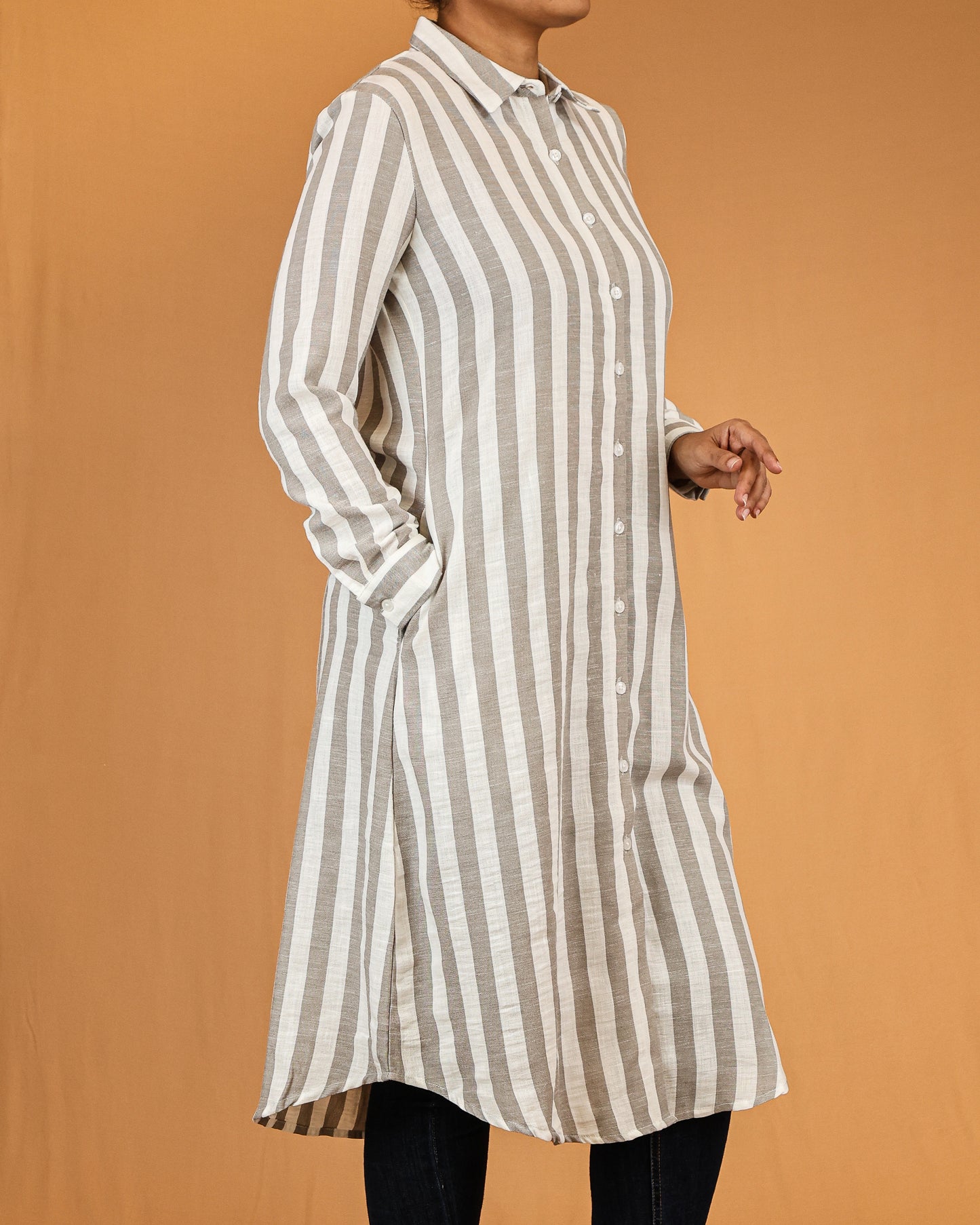 Stone Beige Stripe Shirt Dress