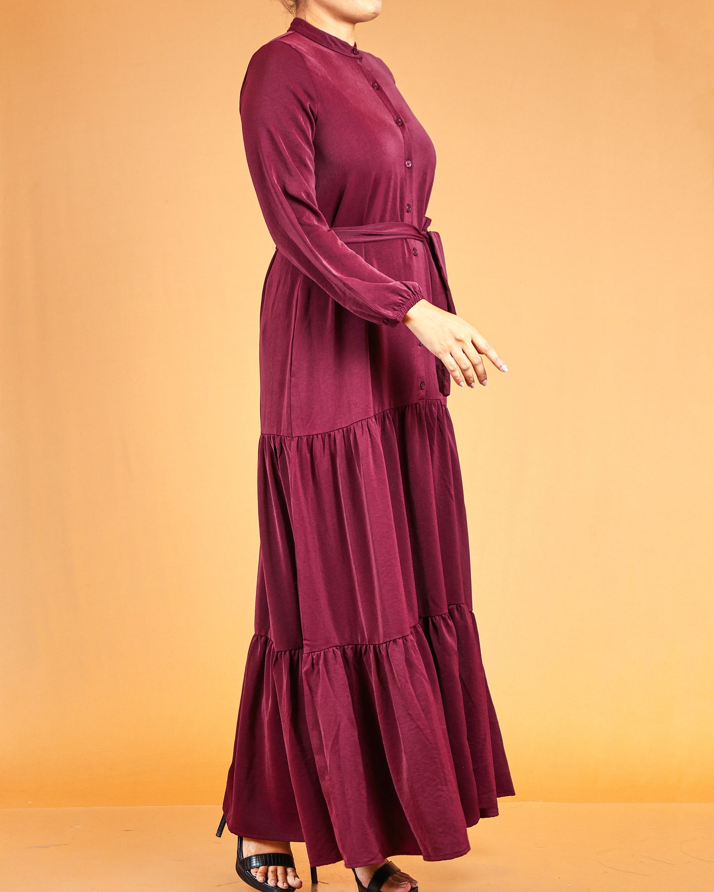 Burgundy Wine Tiered Maxi Dress with Waist Tie Belt