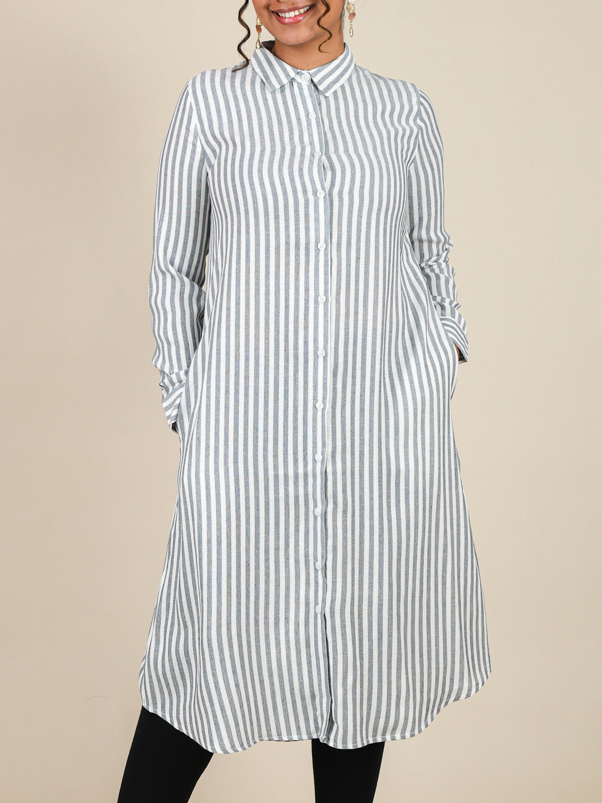 Aurelia Slate Grey Stripe Button Front Midi