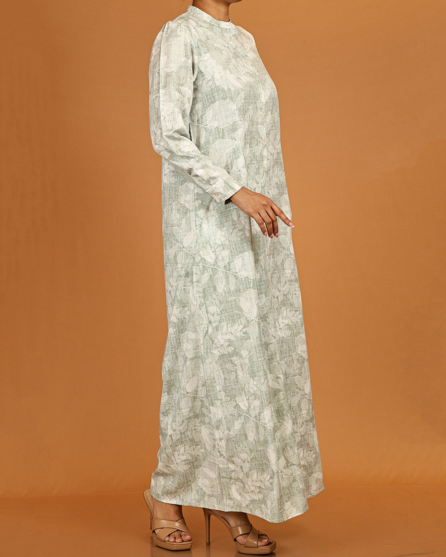 Botanical Textured Button-Front Maxi – Sage