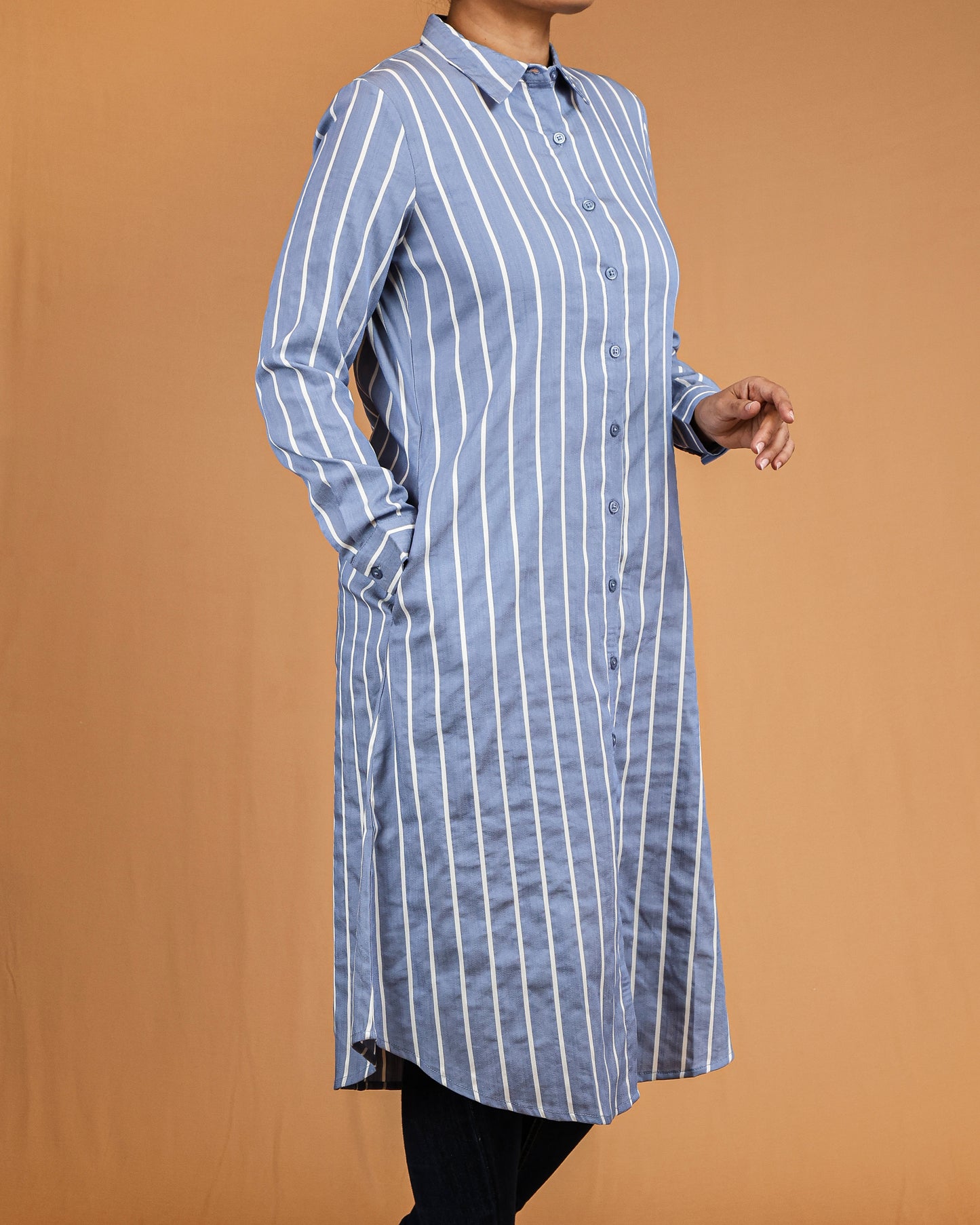 Steel Blue Striped Shirt Dress with Classic Collar