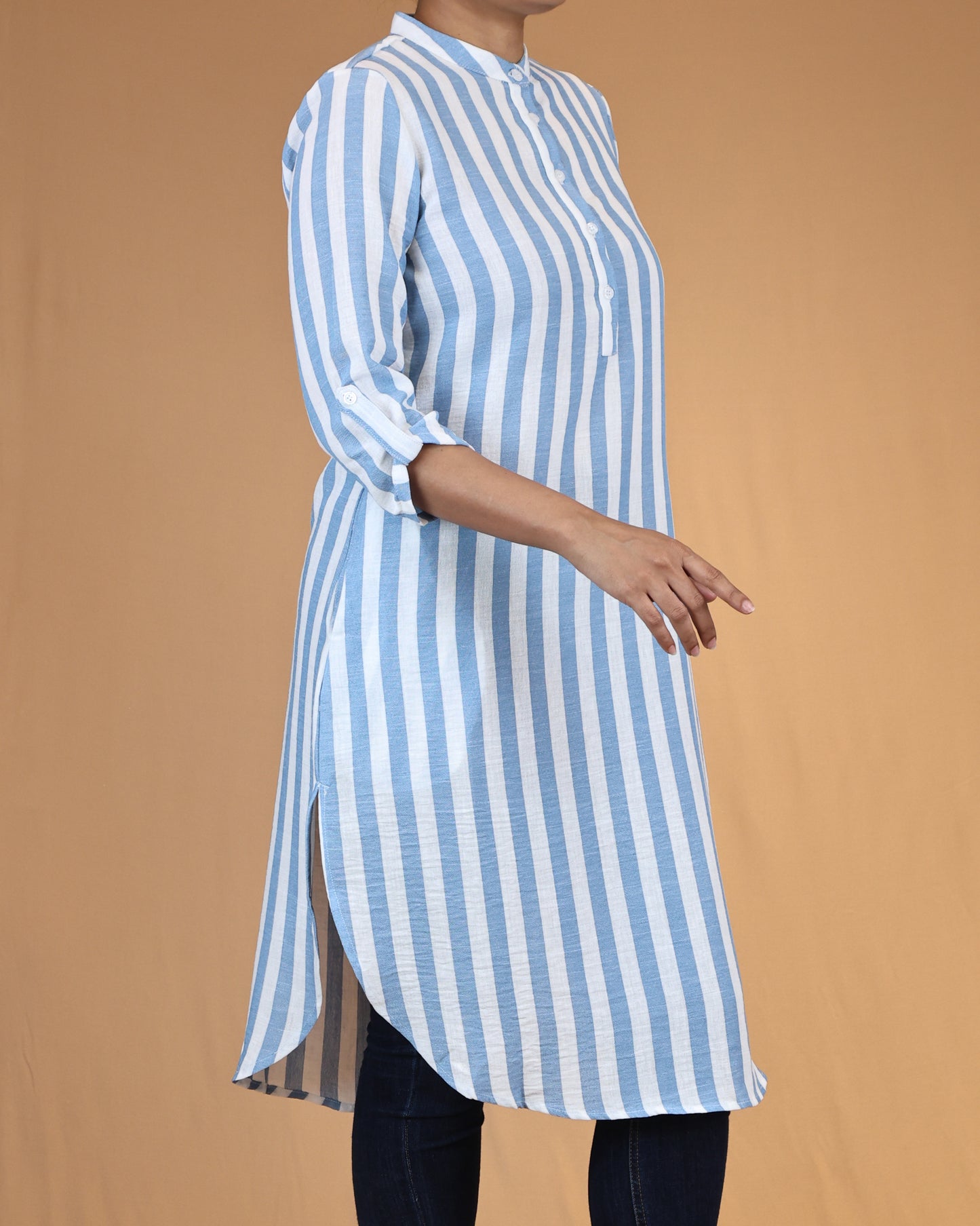Sky Blue Striped Buttoned Top with Roll Up Sleeves