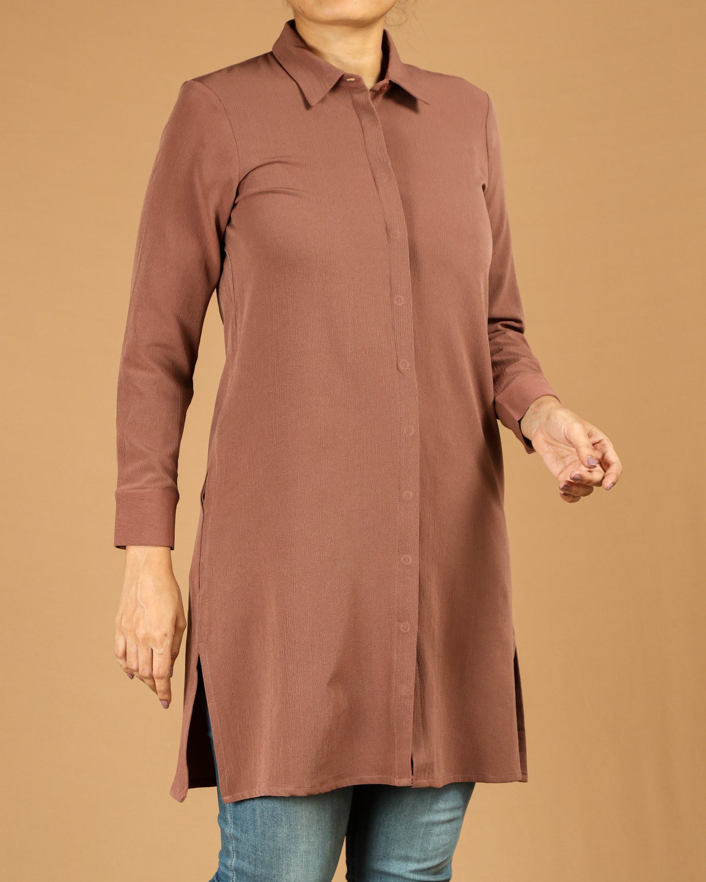 Classic Button-Down Long Shirt with Side Slits