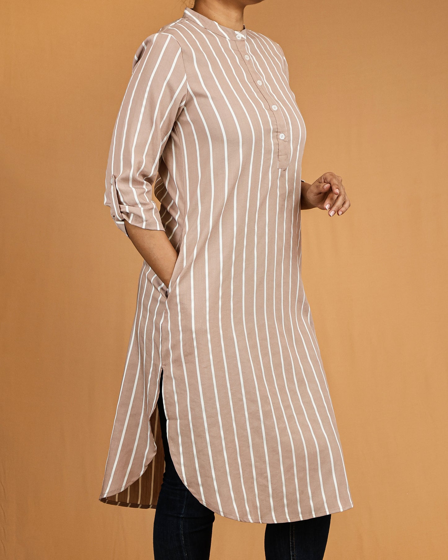 Taupe Striped Buttoned Top with Roll Up Sleeves