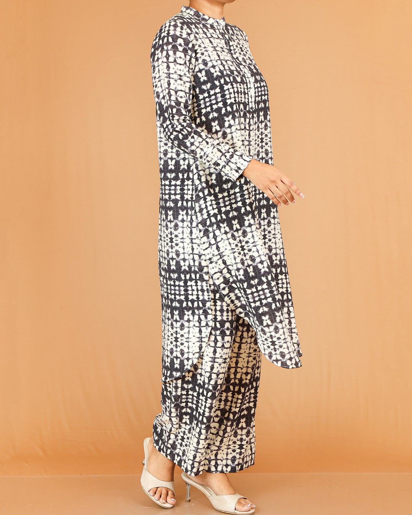 Black & Cream Printed Co-Ord Set with Mandarin Collar Top