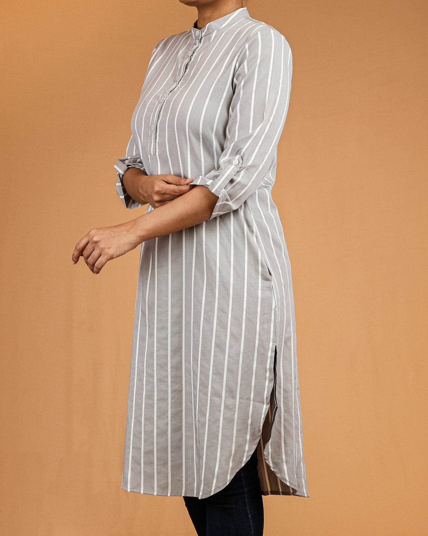 Ash Grey Striped Buttoned Top with Roll Up Sleeves