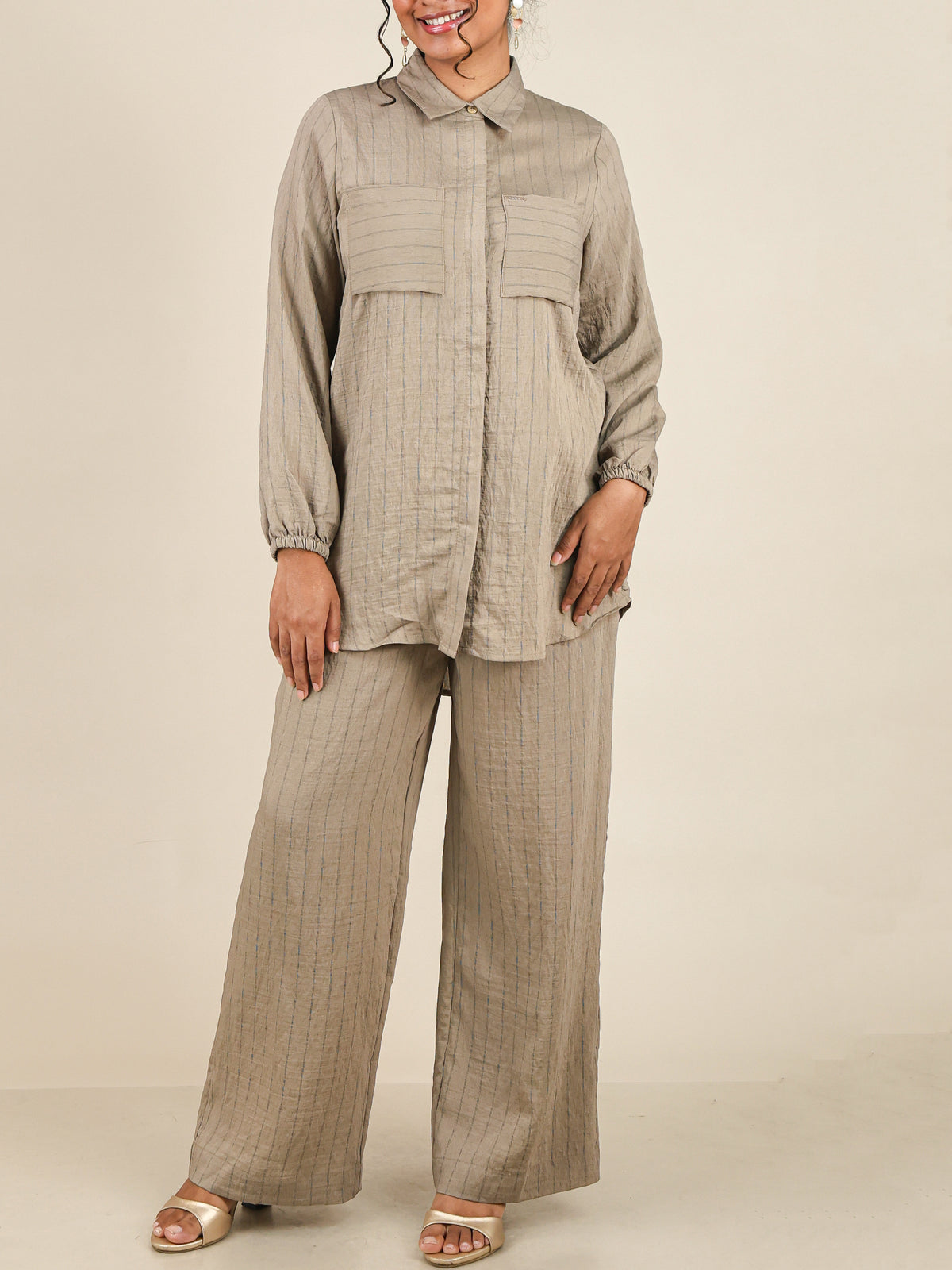 Arielle Sand Beige Pinstripe Co-Ord Set