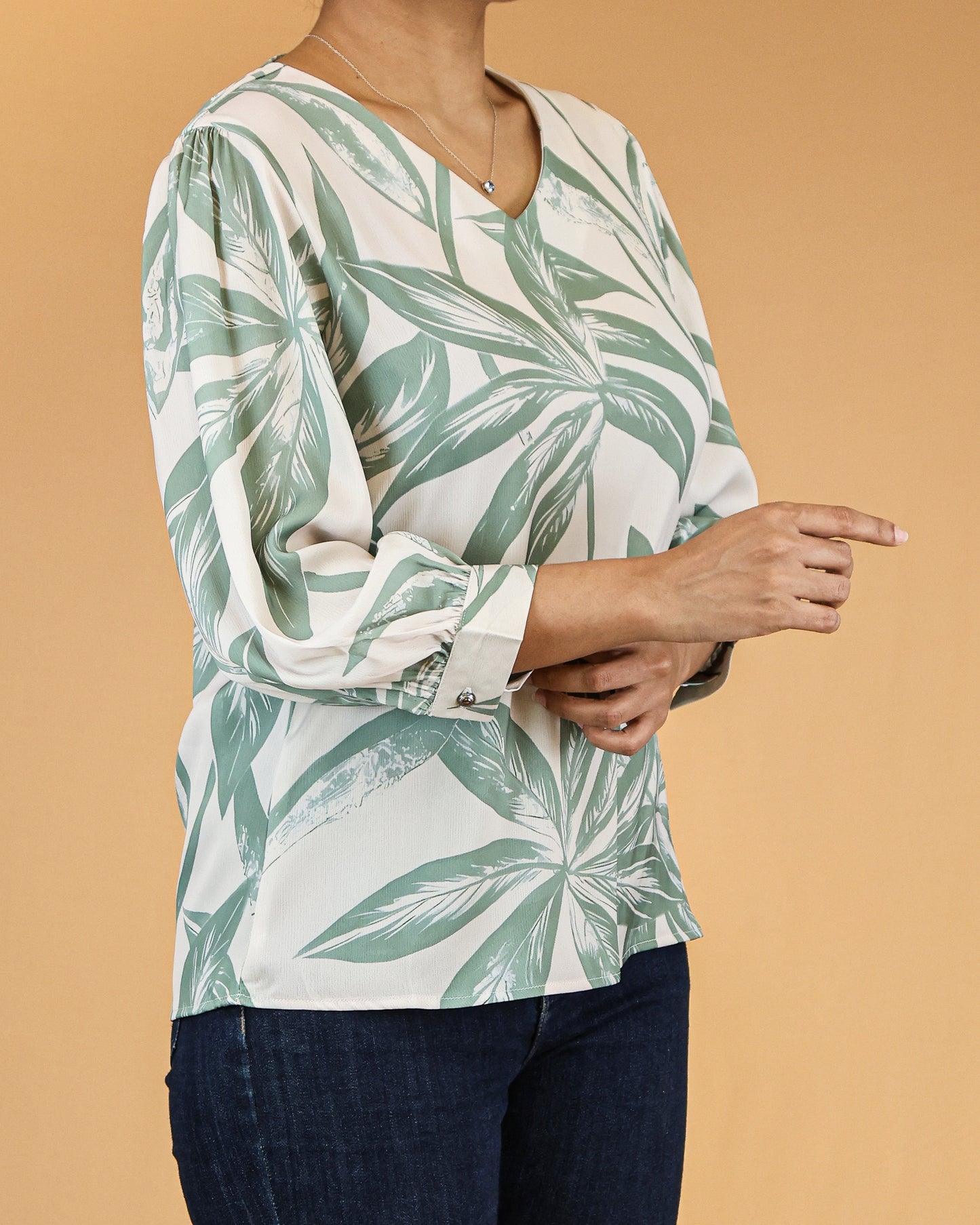 Sage Green Leaf-Print Long Sleeve Top