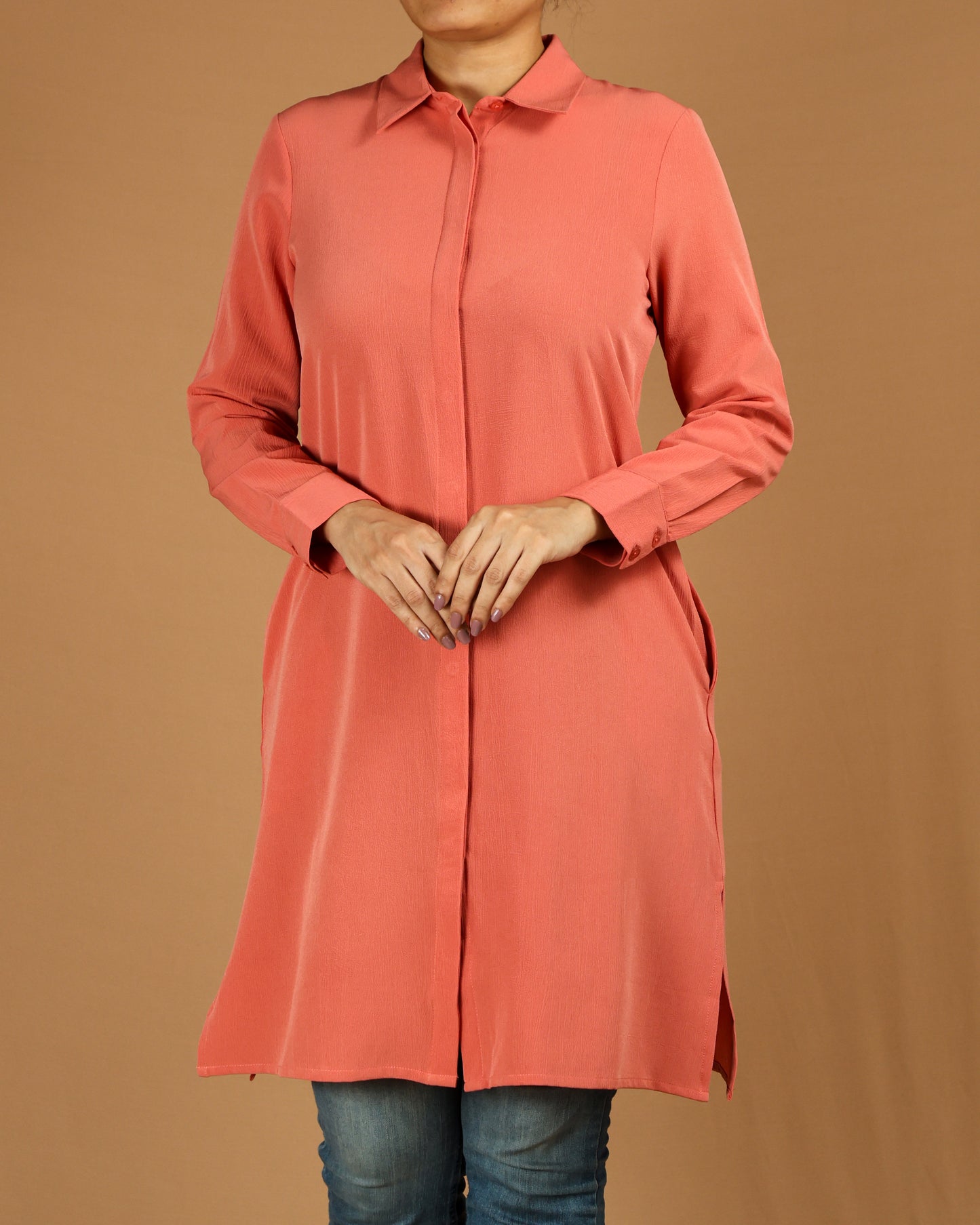 Classic Button-Down Long Shirt with Side Slits