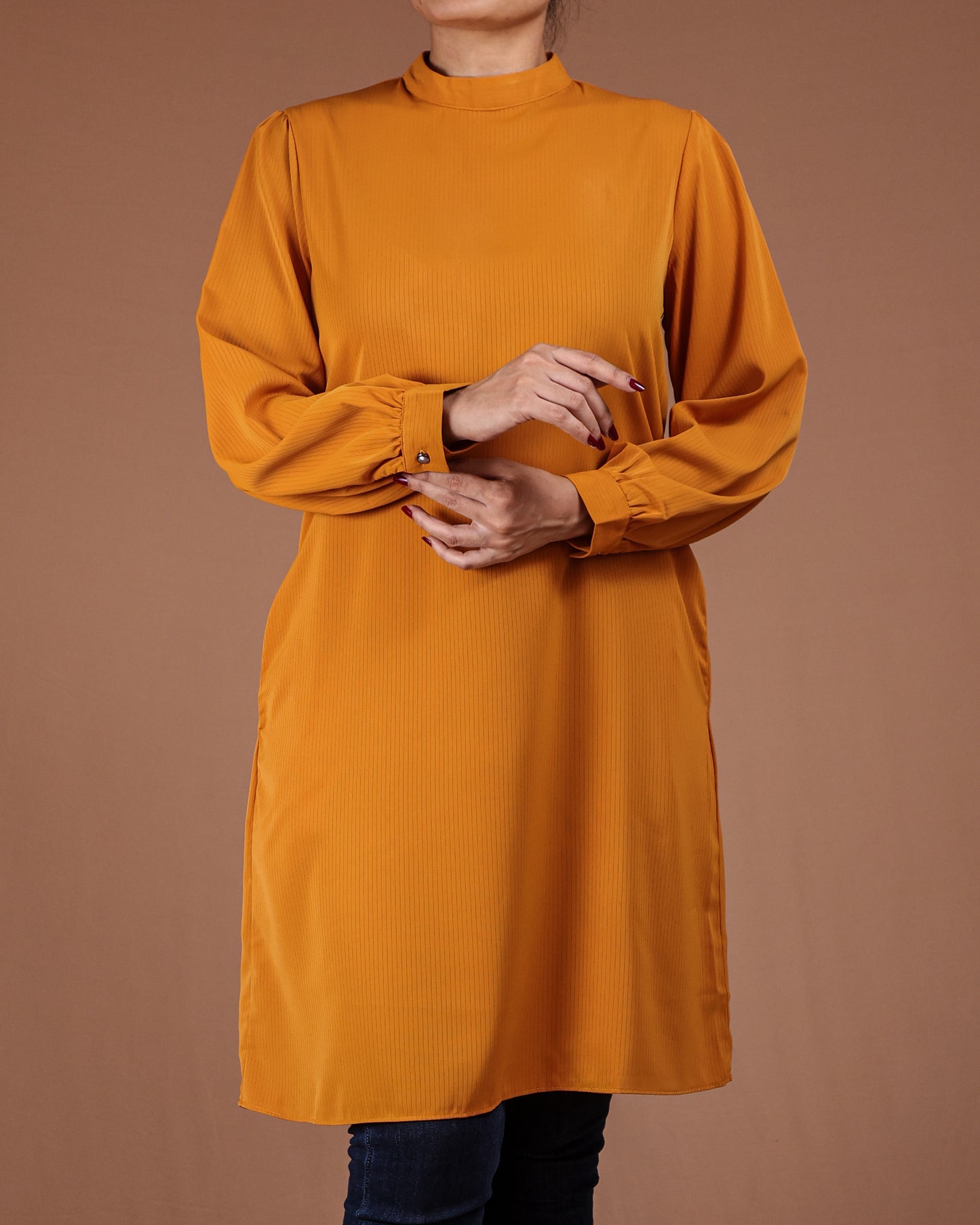 Minimalist High-Neck Long Sleeve Tunic Dress