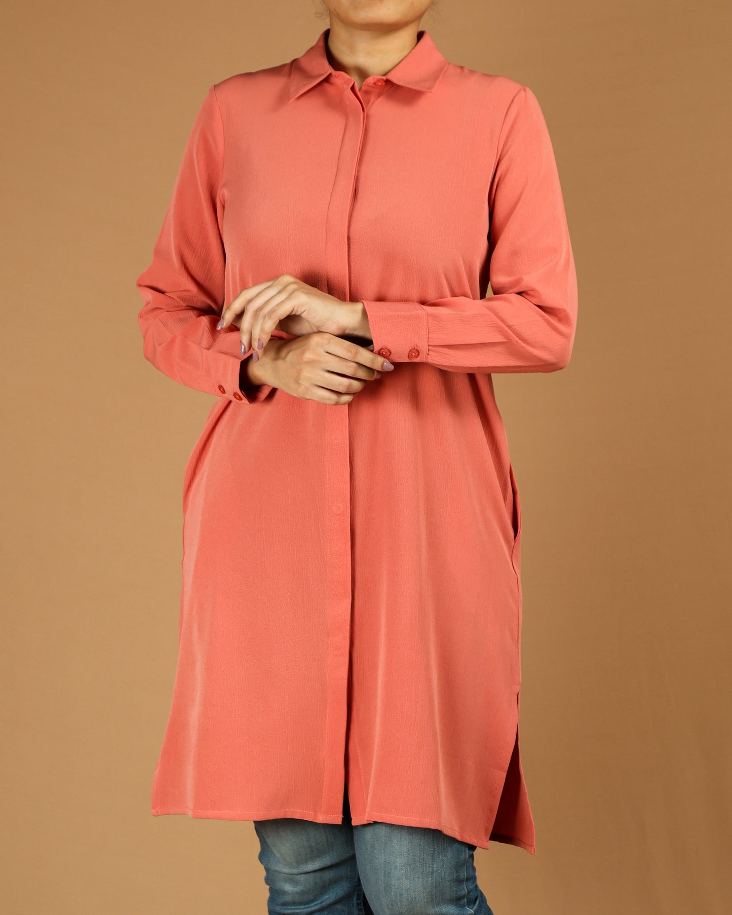 Classic Button-Down Long Shirt with Side Slits