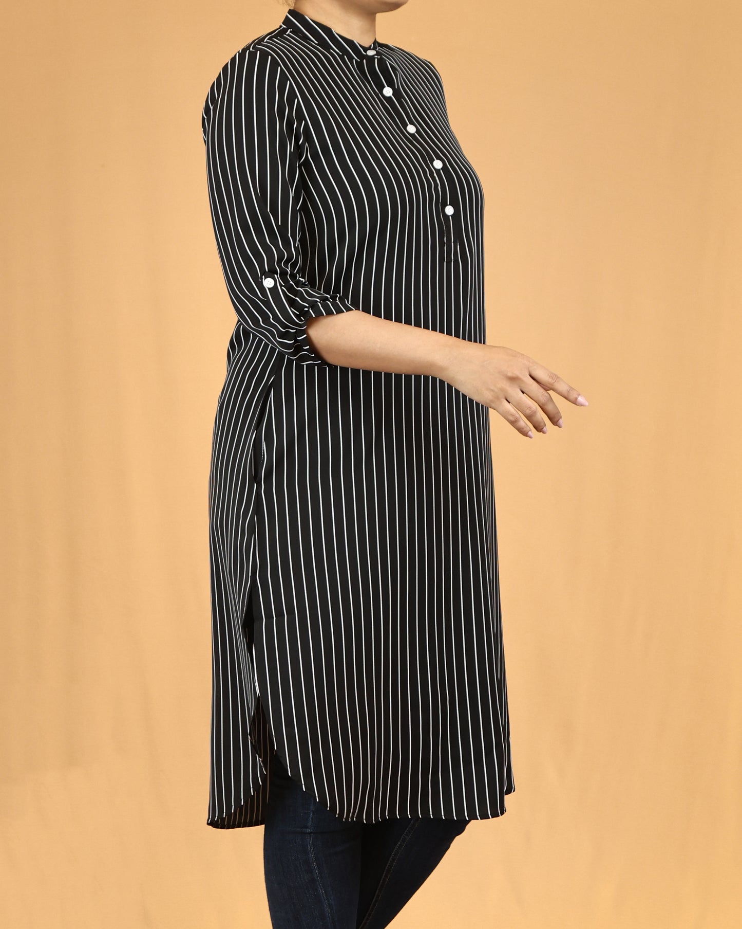 Midnight Pinstripe Mandarin Midi Top