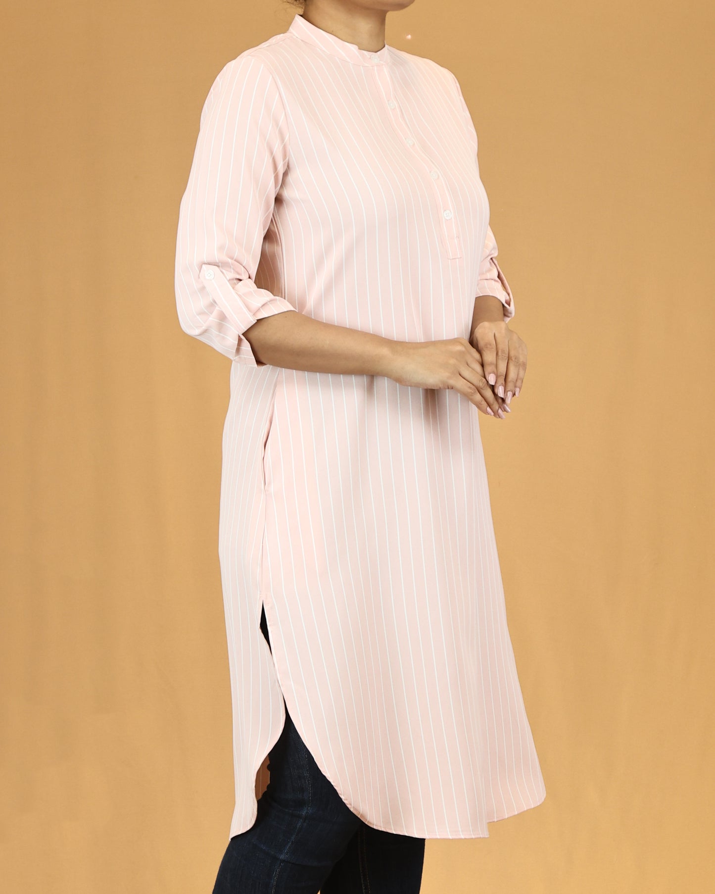 Blush Pinstripe Mandarin Midi Top