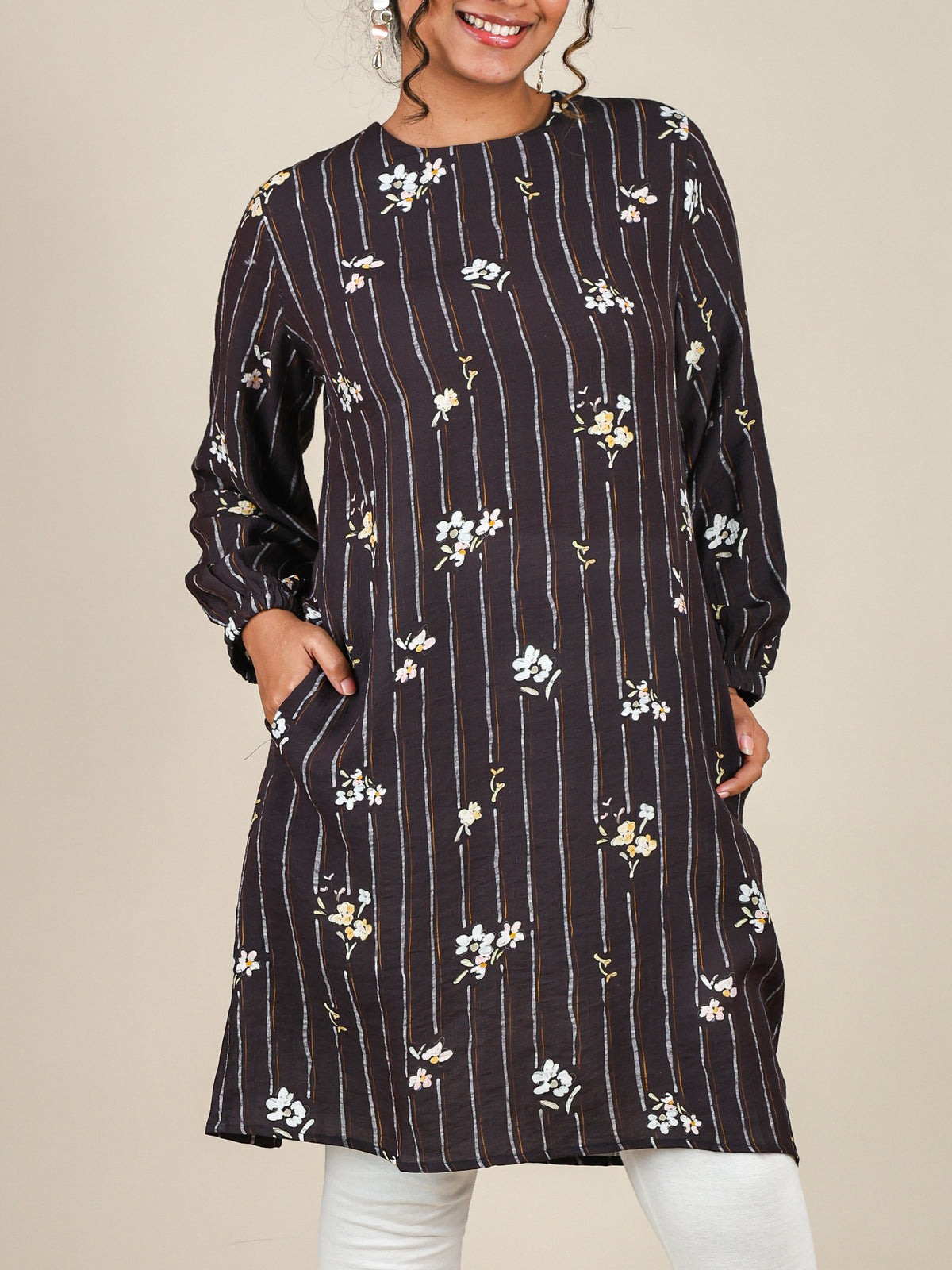 Fiora Dark Brown Floral Stripe Top
