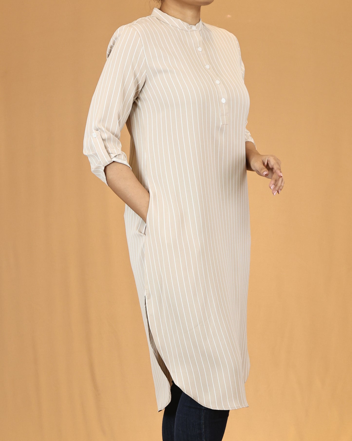 Sandstone Pinstripe Mandarin Midi Top