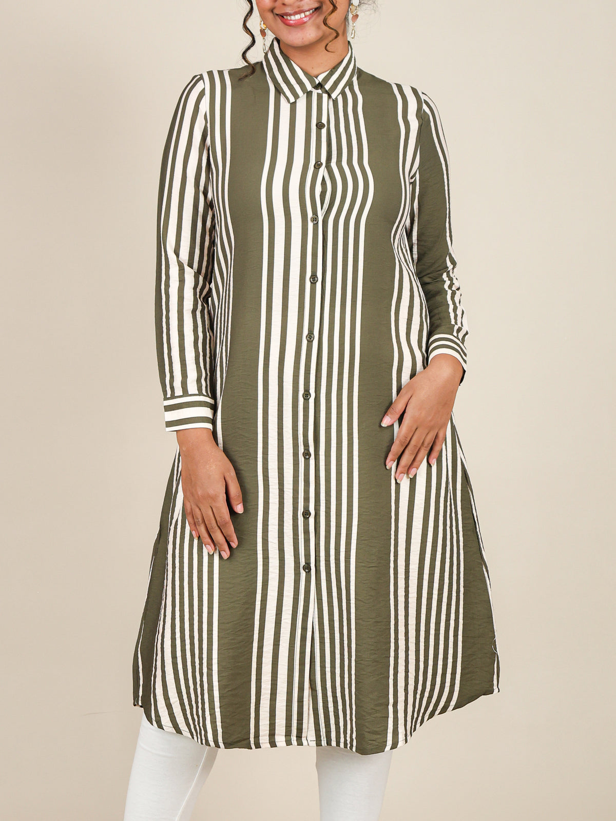 Elara Olive Stripe Button Front Top
