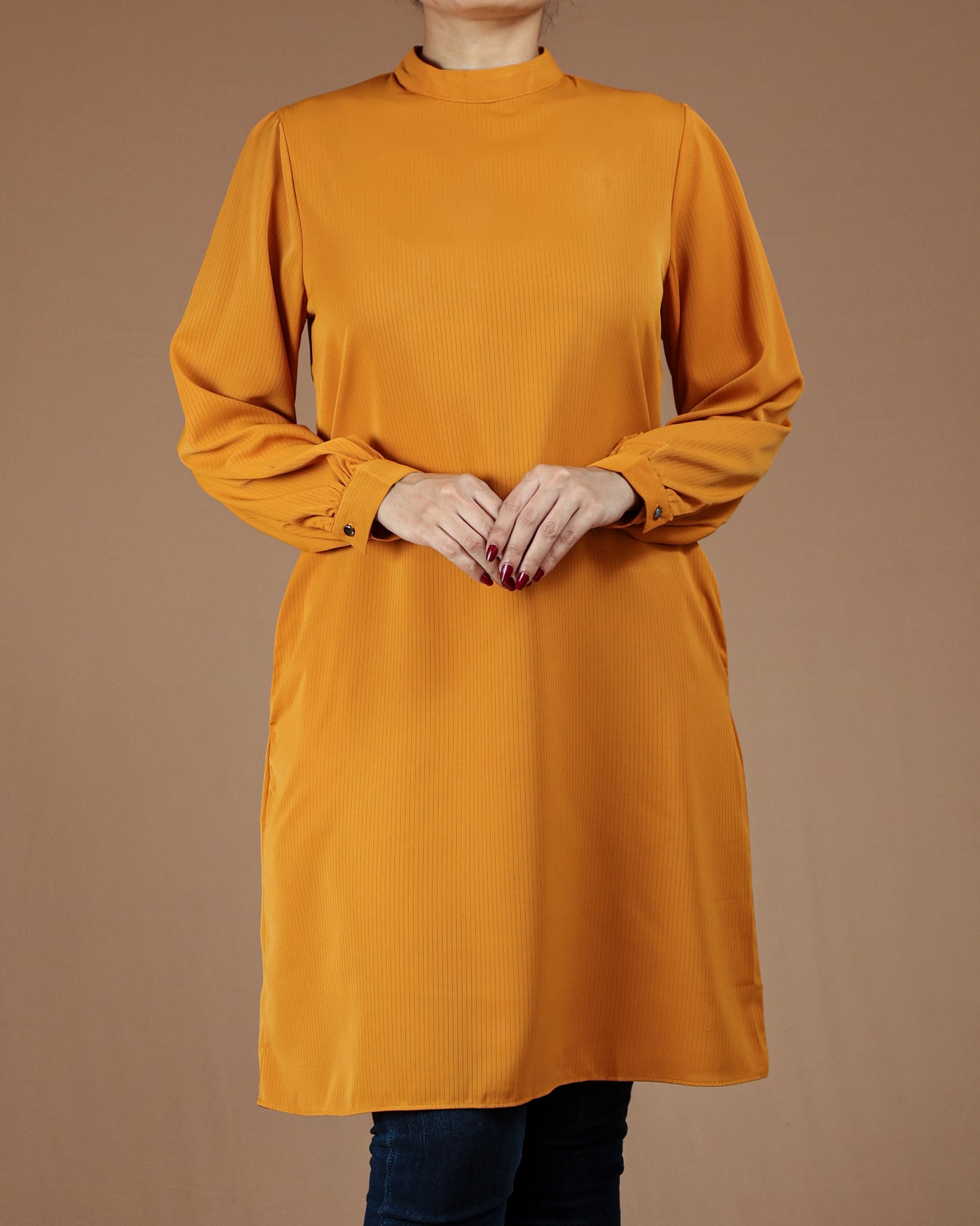 Minimalist High-Neck Long Sleeve Tunic Dress