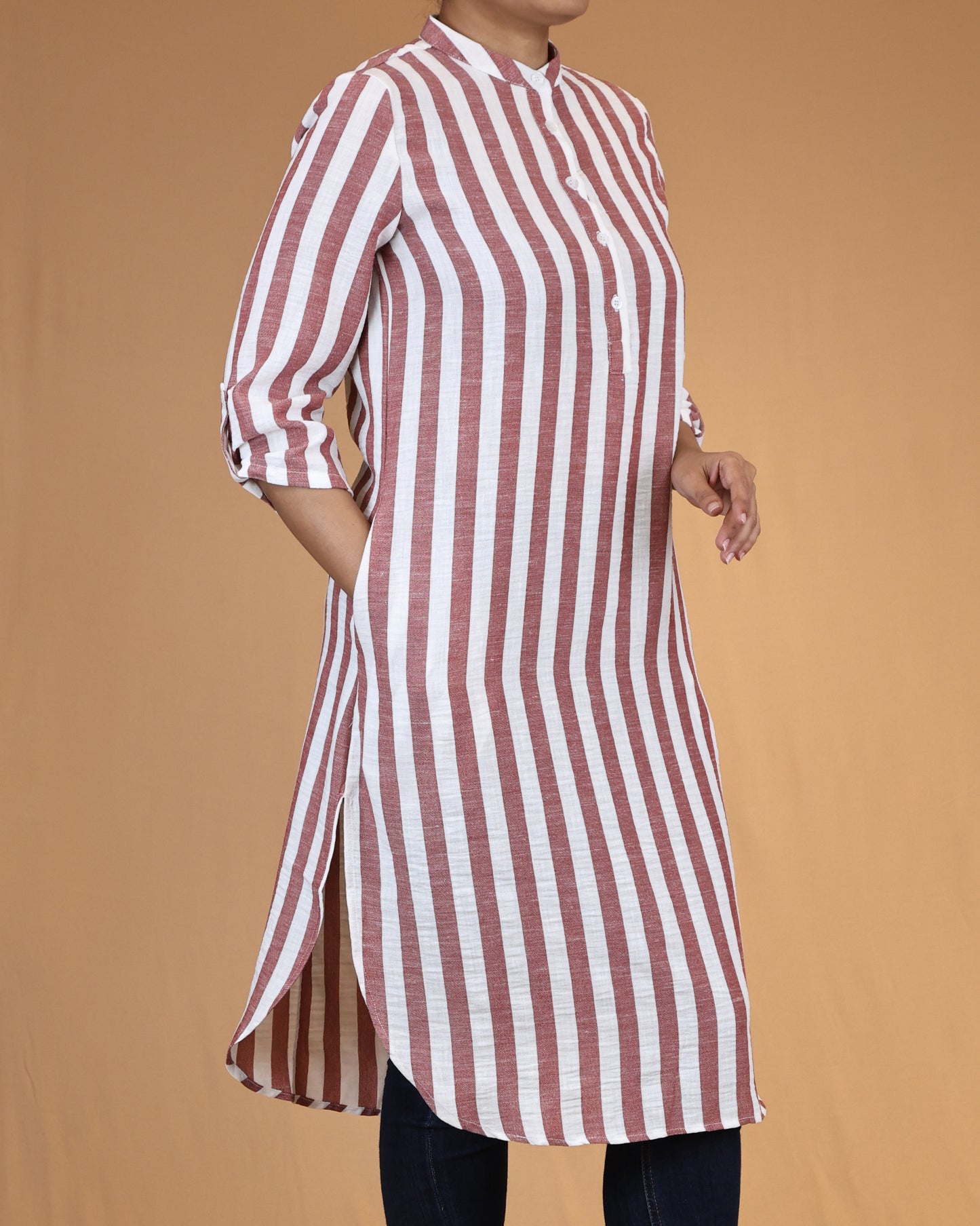 Dusty Rose Striped Buttoned Top with Roll Up Sleeves