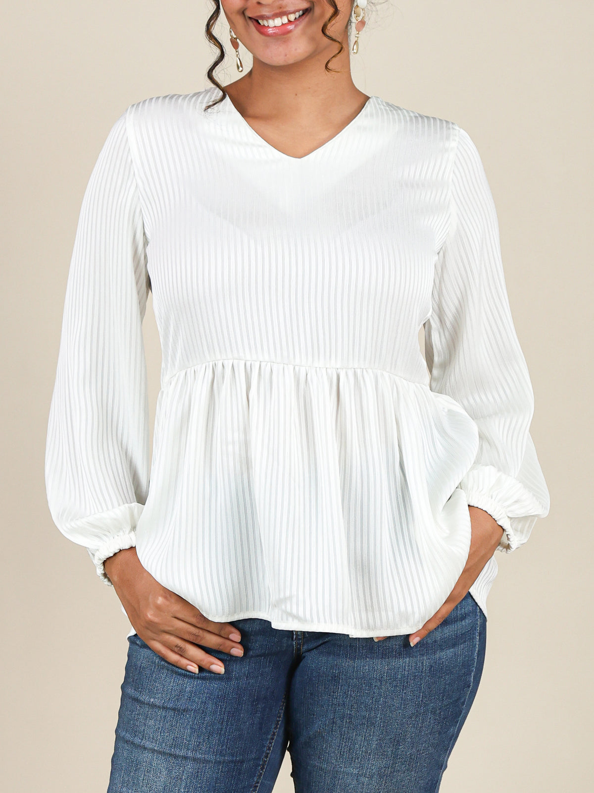 Elina White Self Stripe Peplum Top