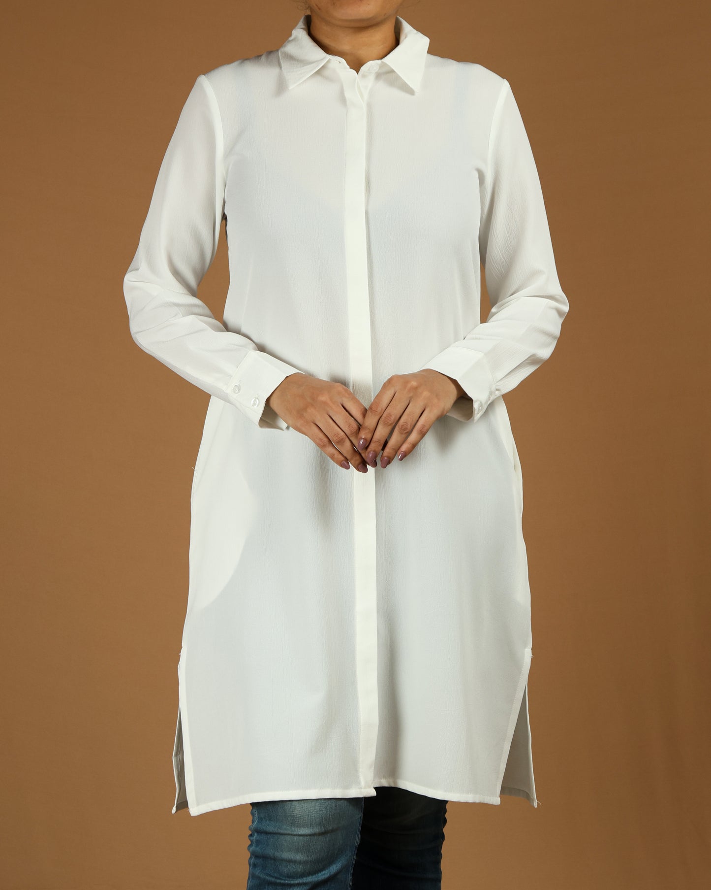Classic Button-Down Long Shirt with Side Slits
