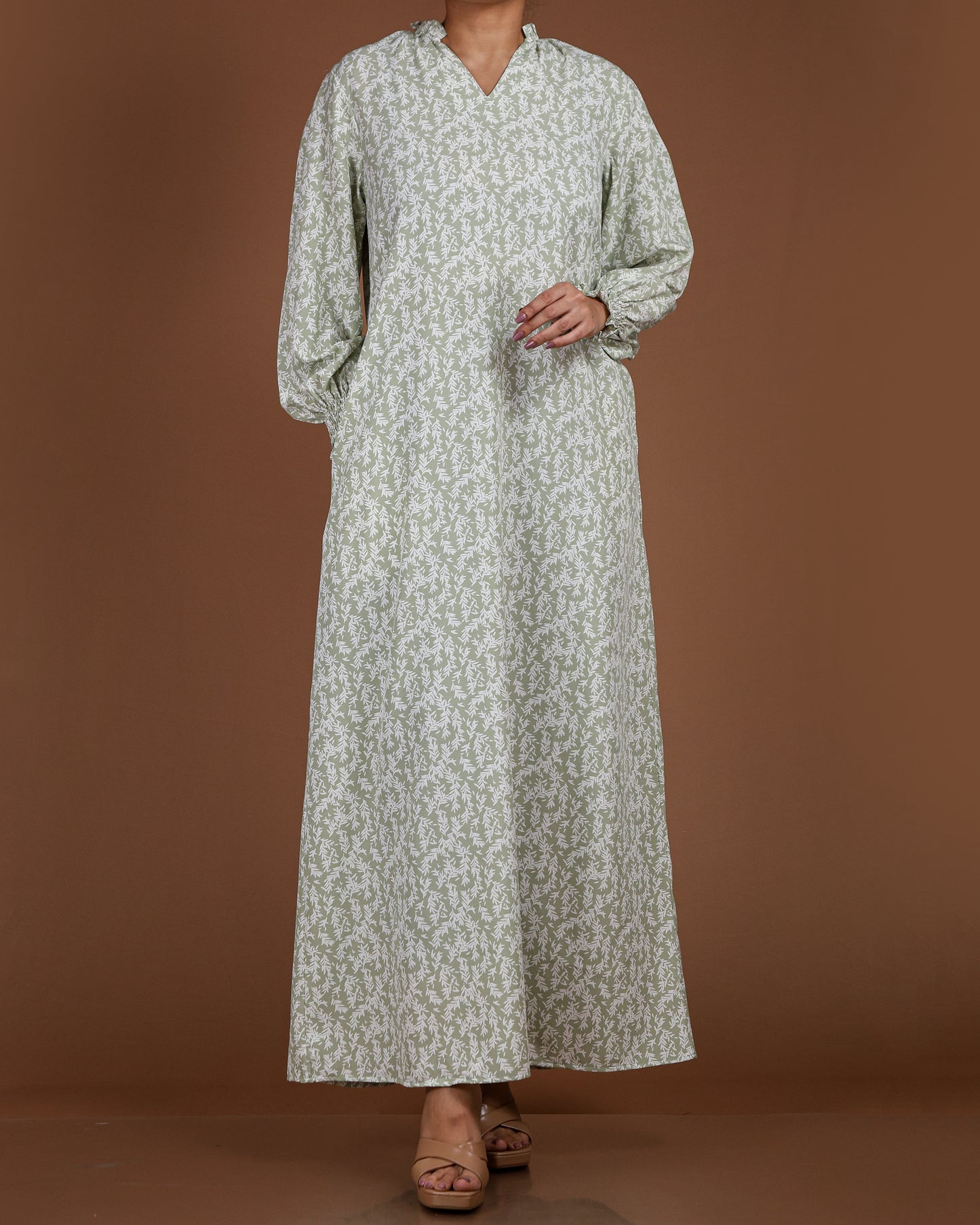 Elegant Printed Linen-Cotton Maxi Dress