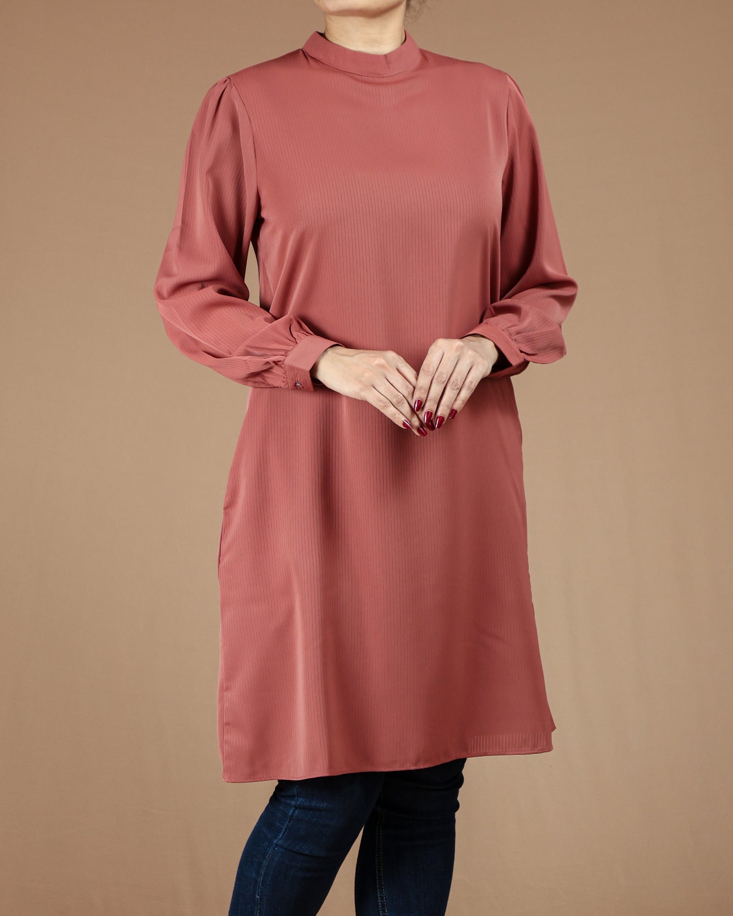 Minimalist High-Neck Long Sleeve Tunic Dress