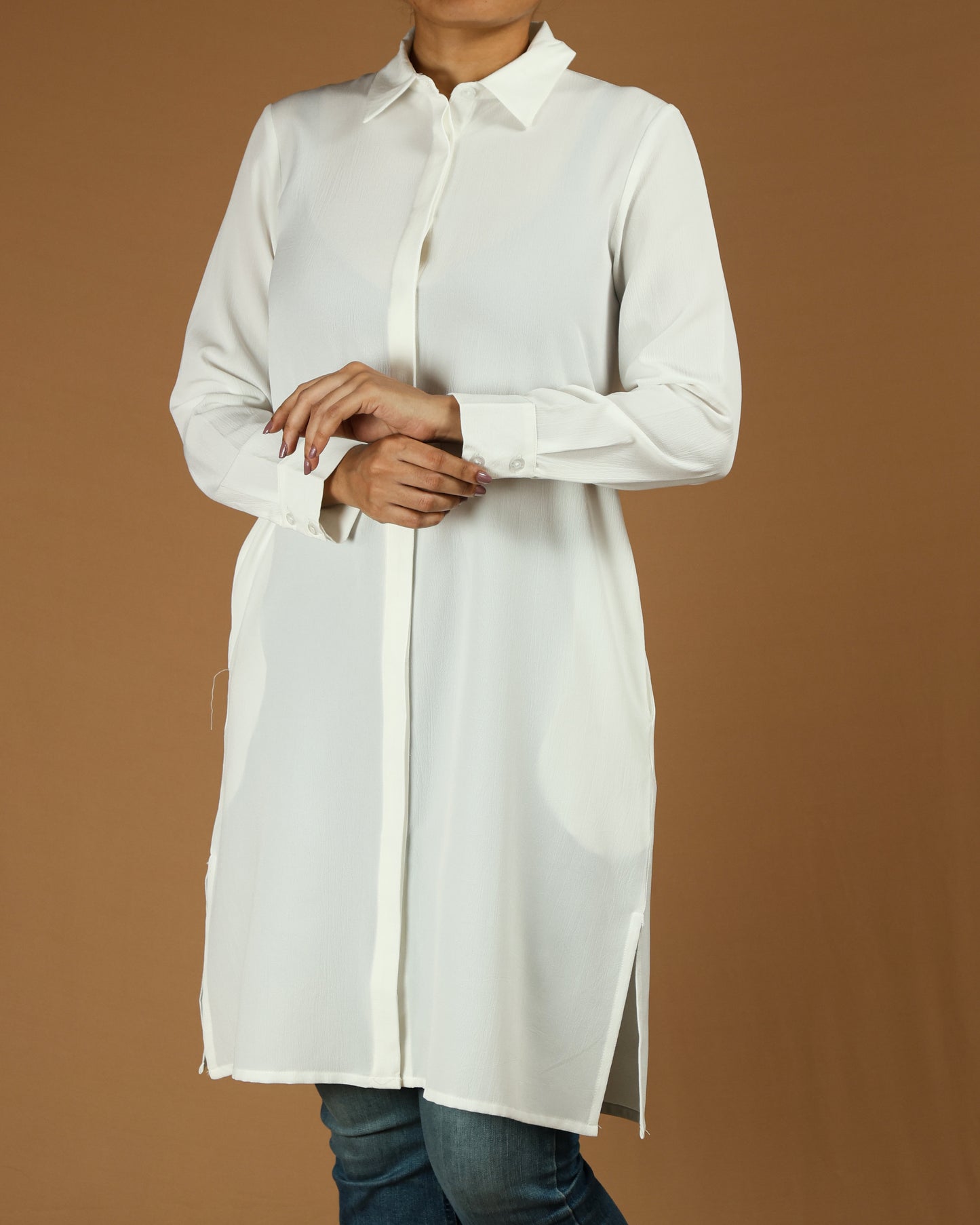 Classic Button-Down Long Shirt with Side Slits