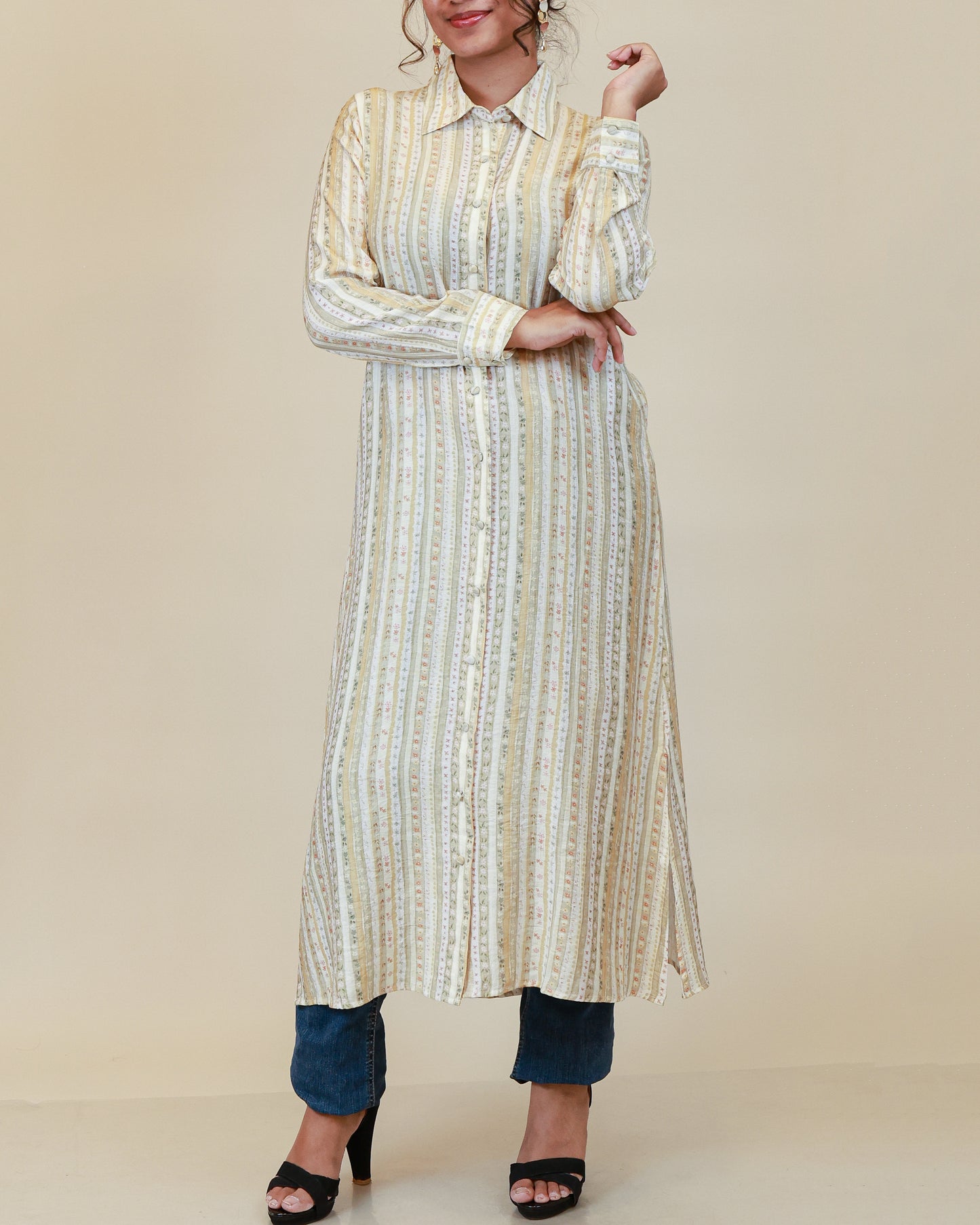 Ivory Sage Stripe Shirt Dress