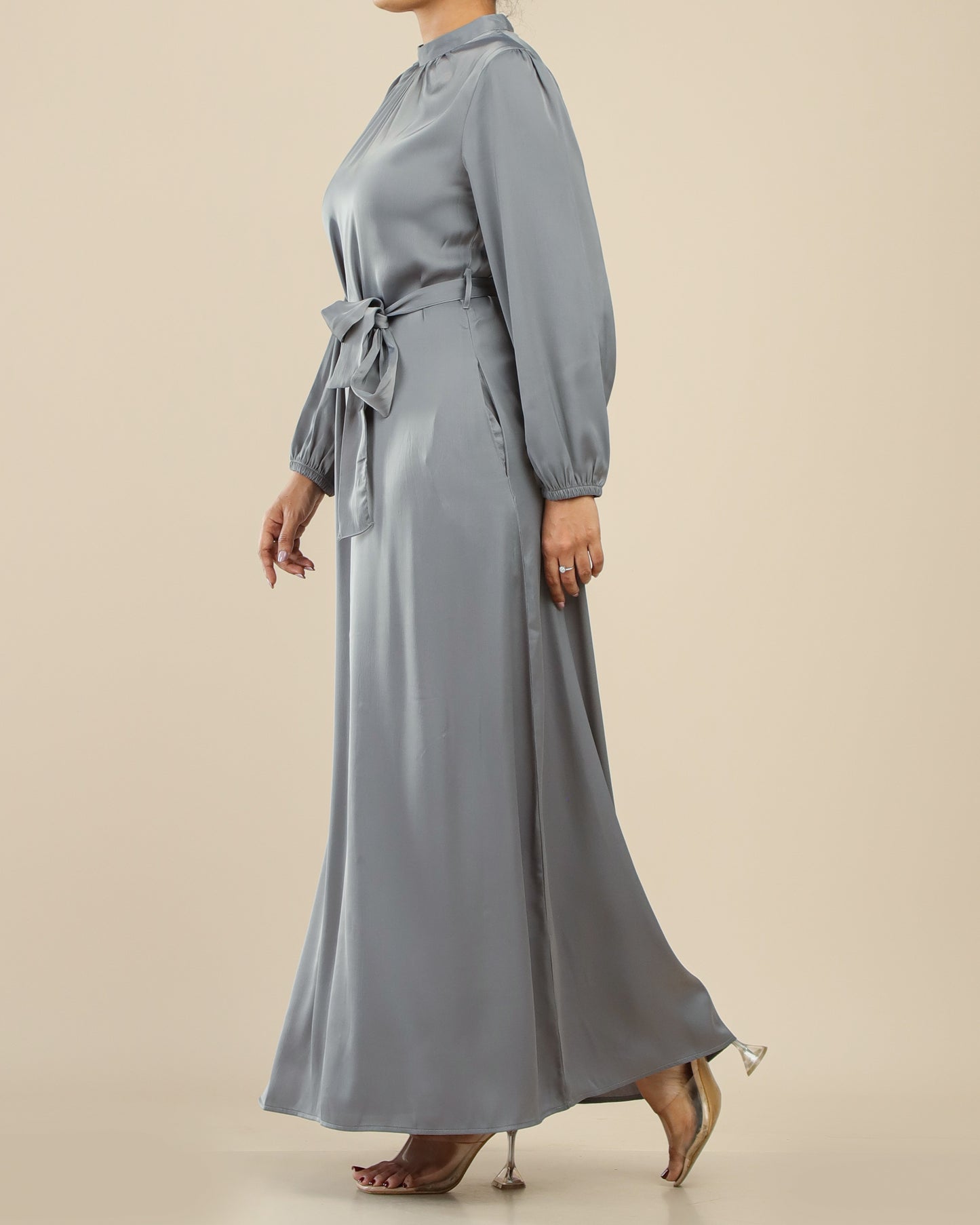 Satin Plain Maxi With Belt _Silver