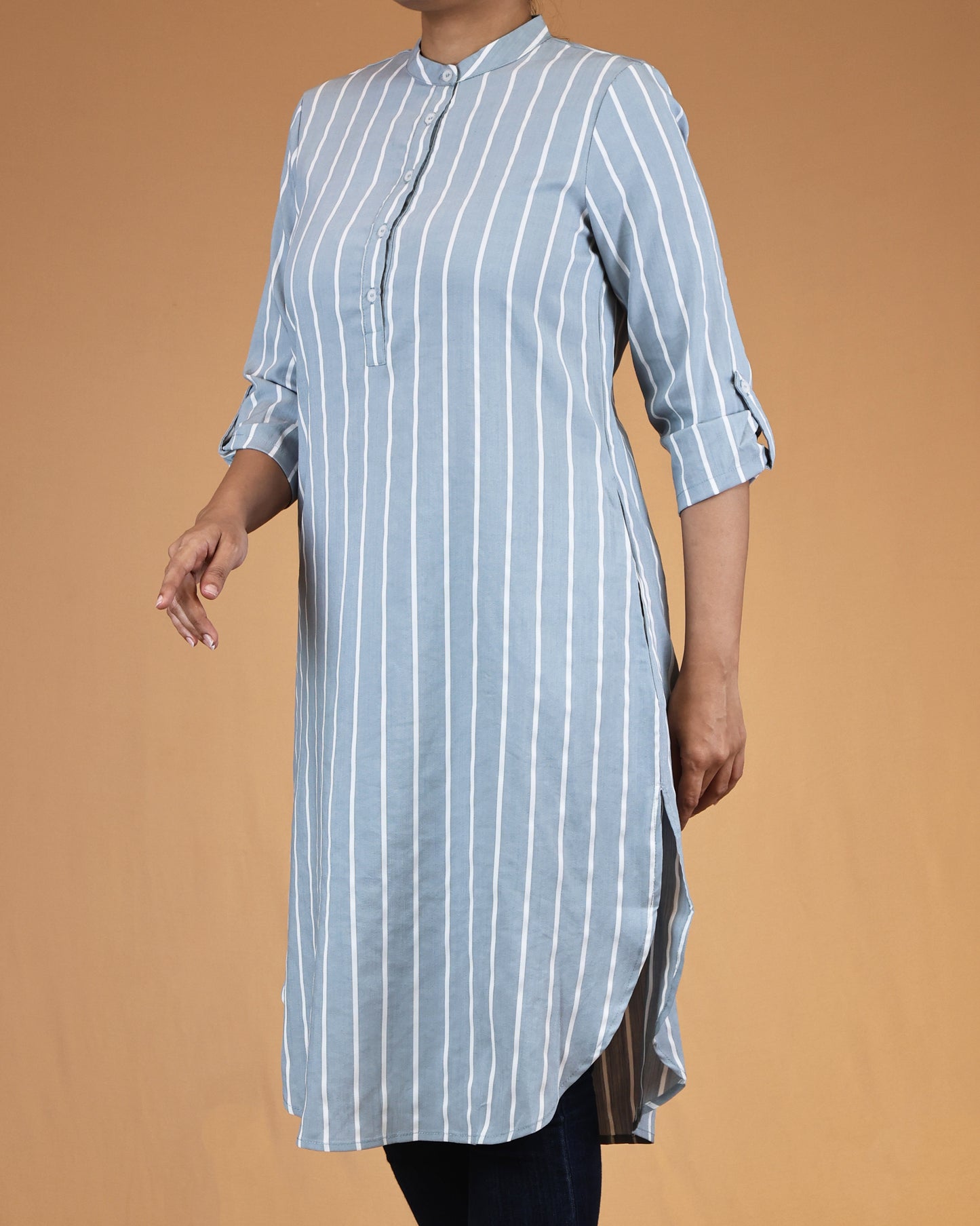 Dusty Blue Striped Buttoned Top with Roll Up Sleeves