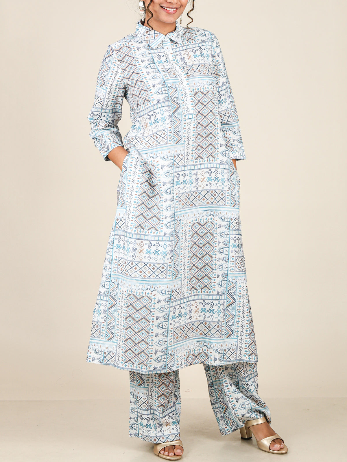 Aurette Powder Blue Geometric Patchwork Co-Ord Set
