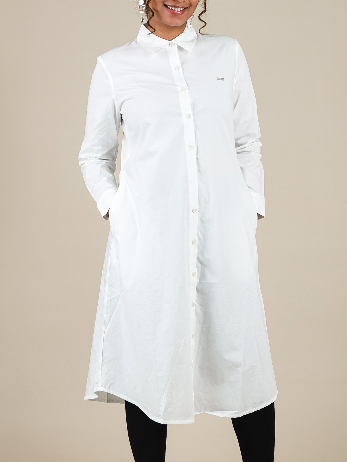 Celestia White Button Front Shirt Dress