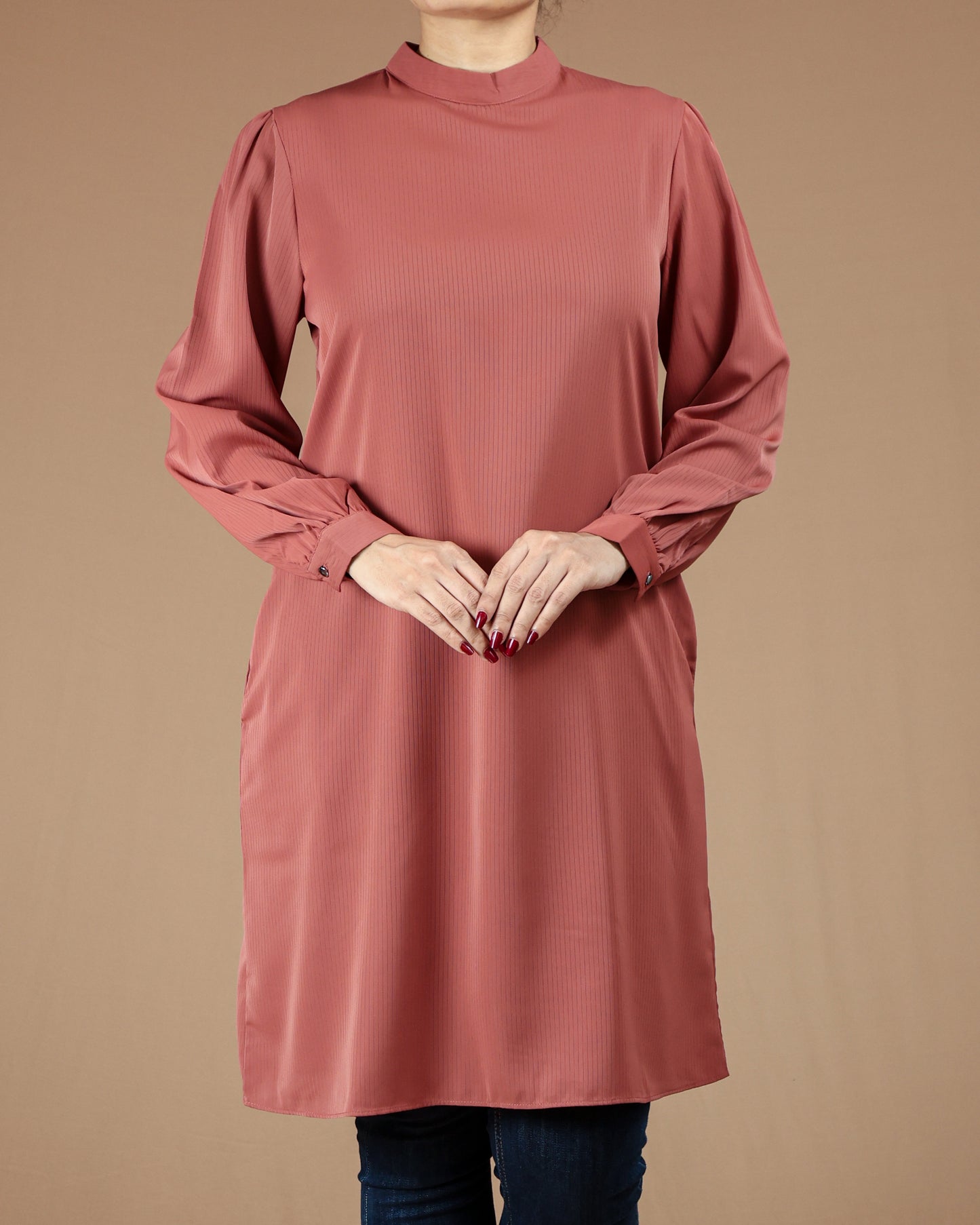 Minimalist High-Neck Long Sleeve Tunic Dress