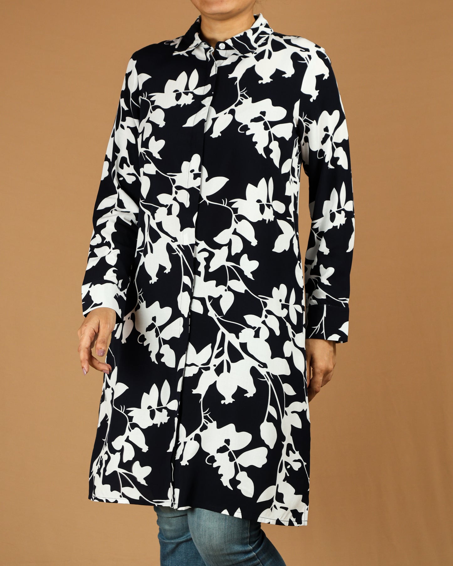Elegant Black & White Floral Long Shirt for Women