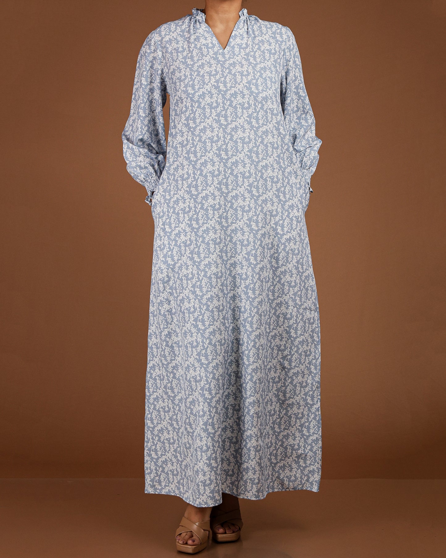 Elegant Printed Linen-Cotton Maxi Dress