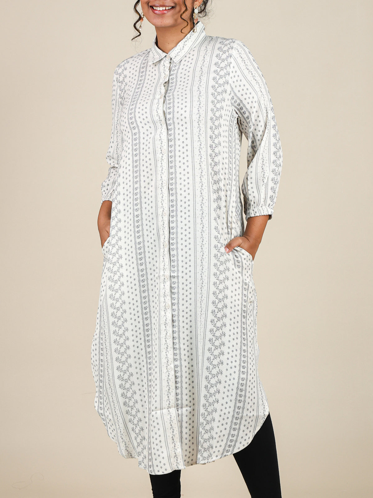 Isadora Ivory Grey Floral Stripe Midi