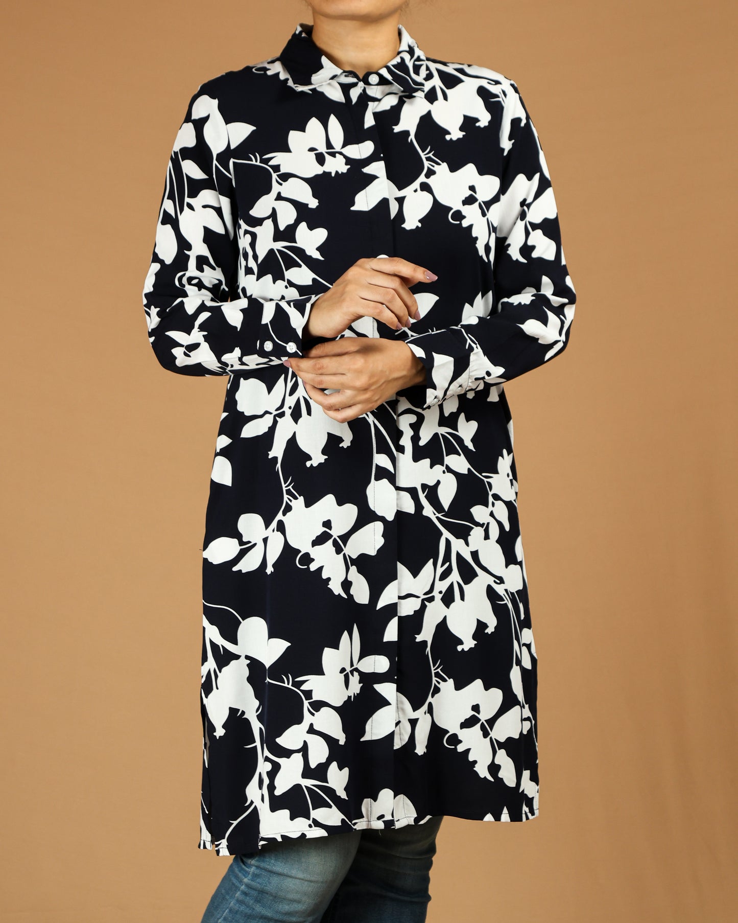 Elegant Black & White Floral Long Shirt for Women