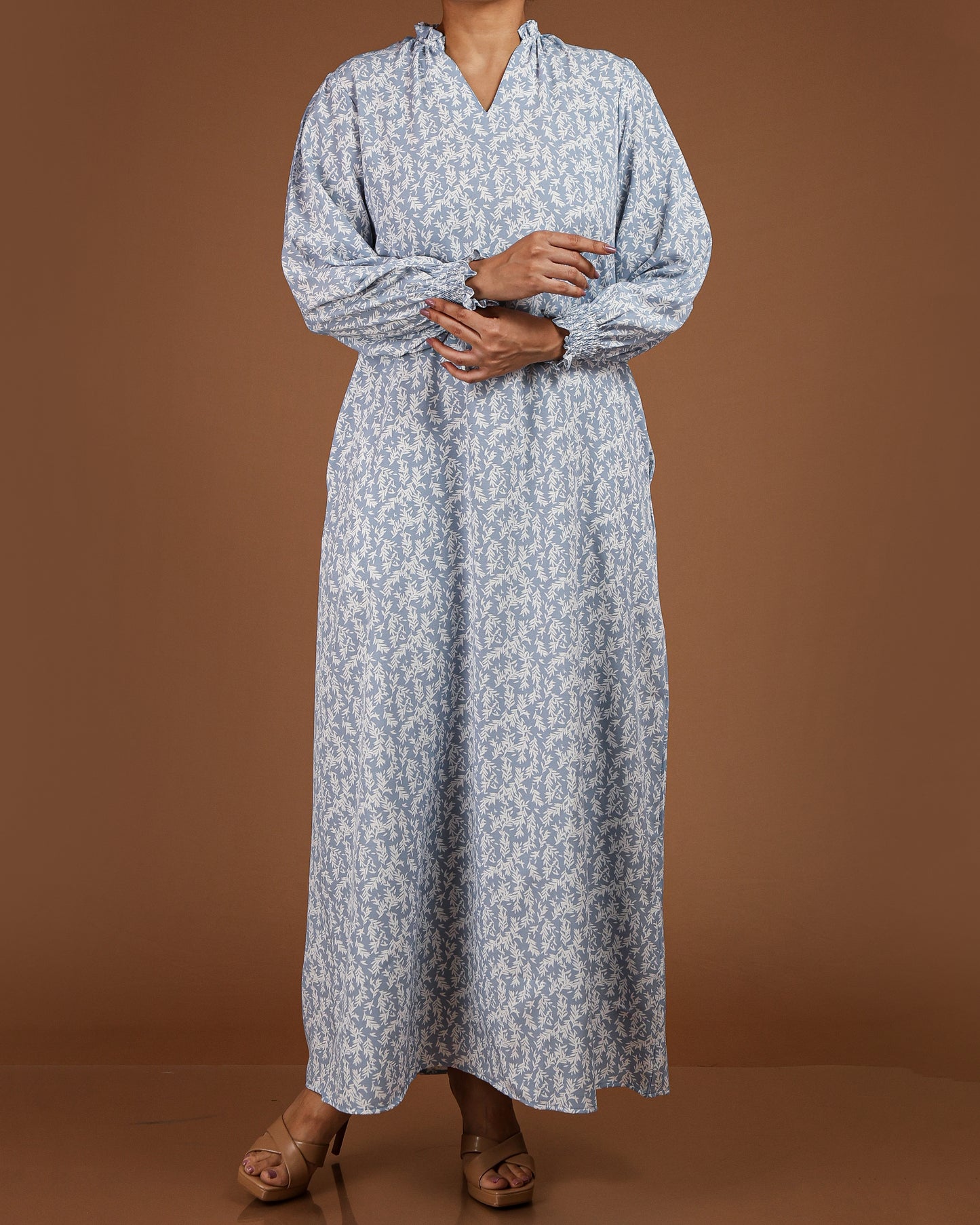 Elegant Printed Linen-Cotton Maxi Dress