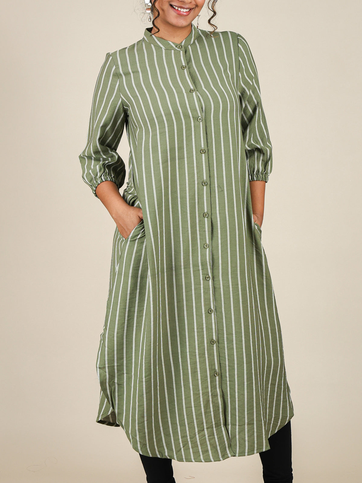 Zaria Sage Green Pinstripe Mandarin Midi