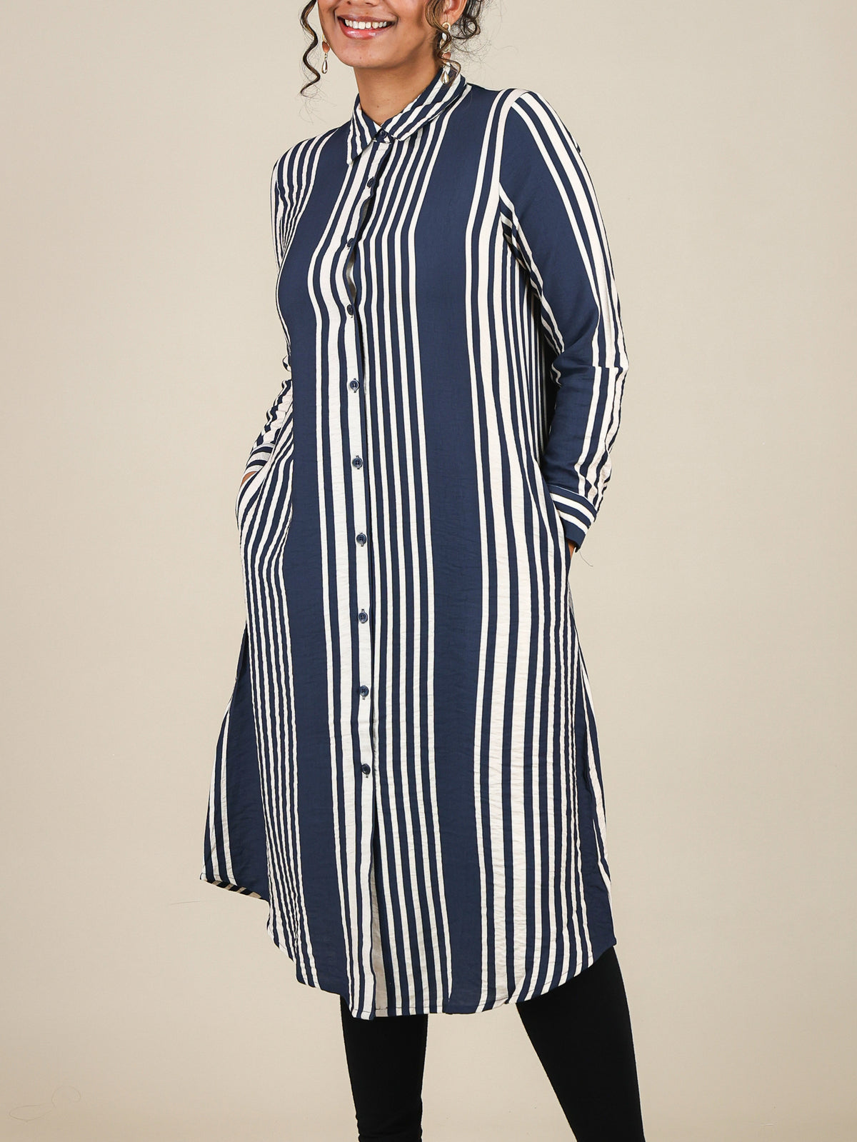 Elara Navy Blue Stripe Button Front Top