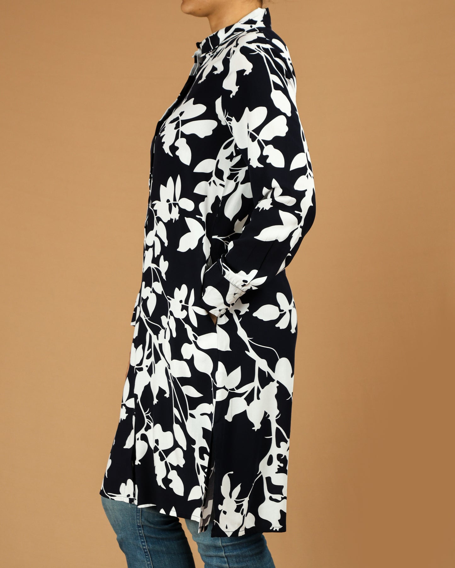 Elegant Black & White Floral Long Shirt for Women