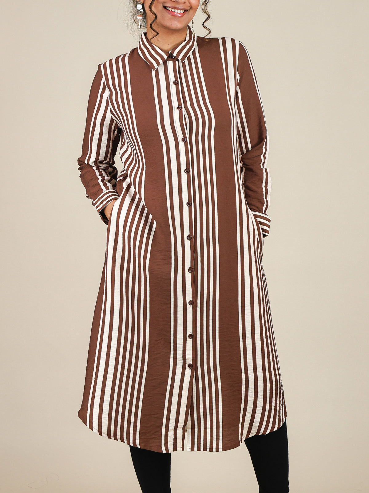 Elara Mocha Brown Stripe Button Front Top