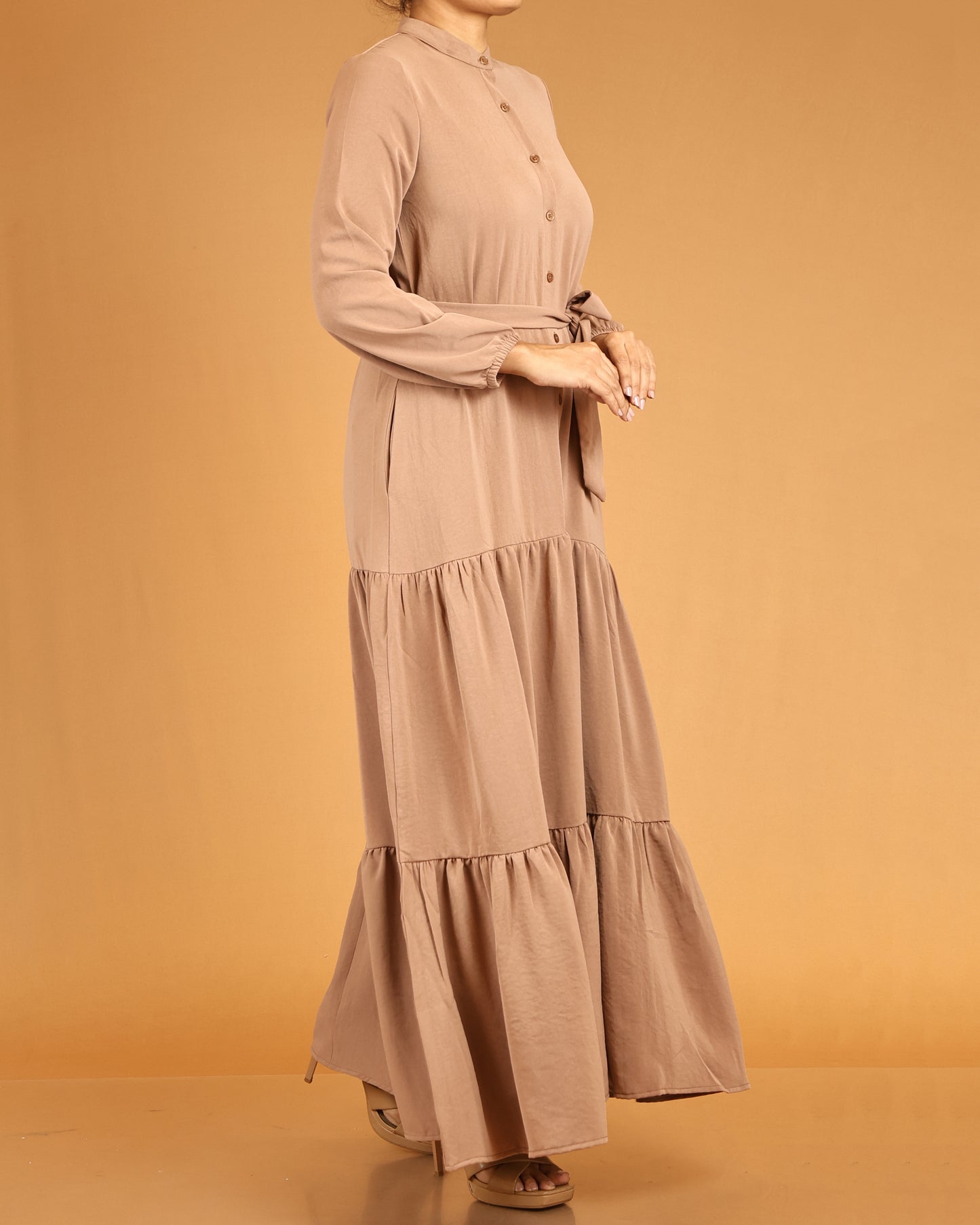 Caramel Mocha Tiered Maxi Dress with Waist Tie Belt