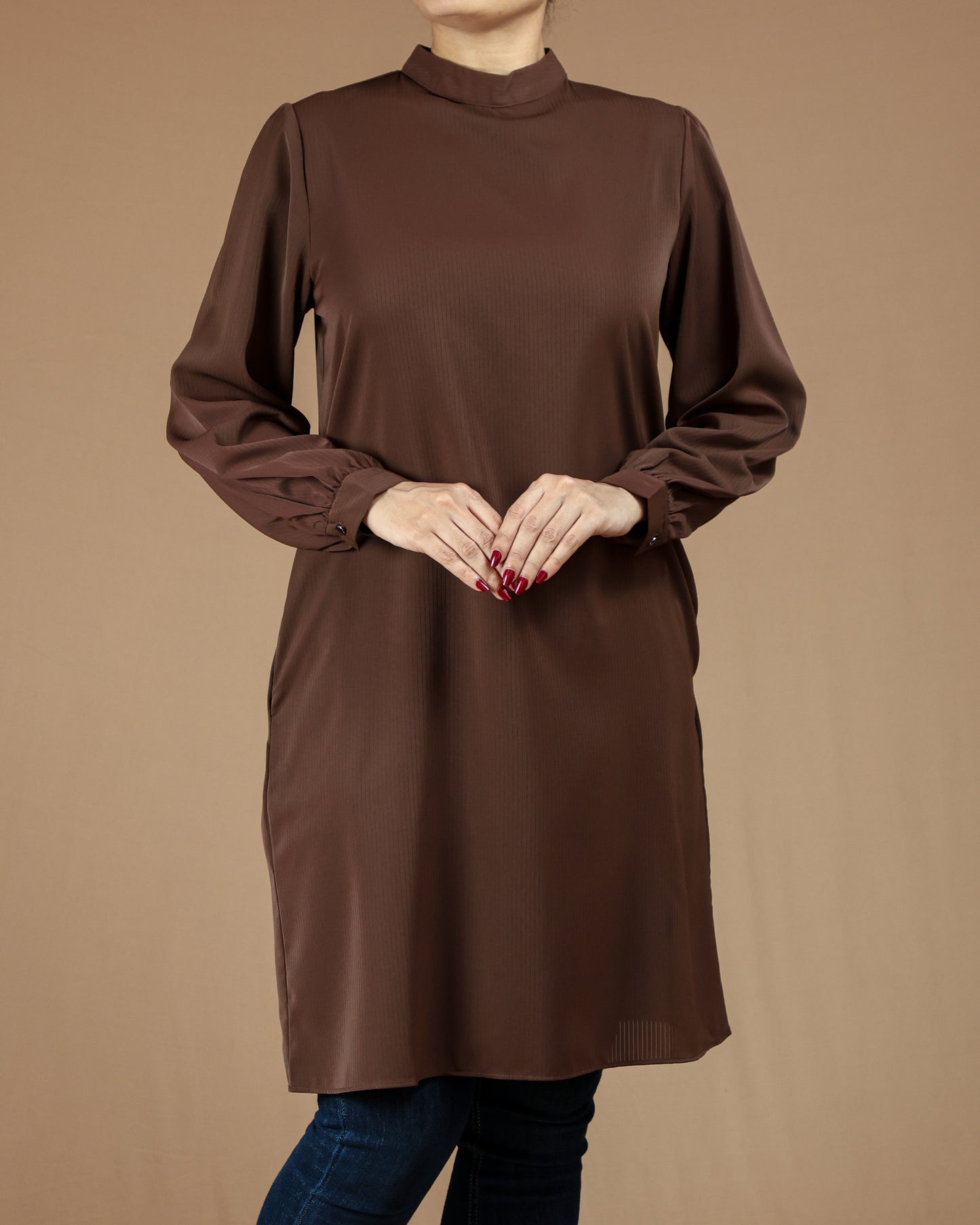 Minimalist High-Neck Long Sleeve Tunic Dress