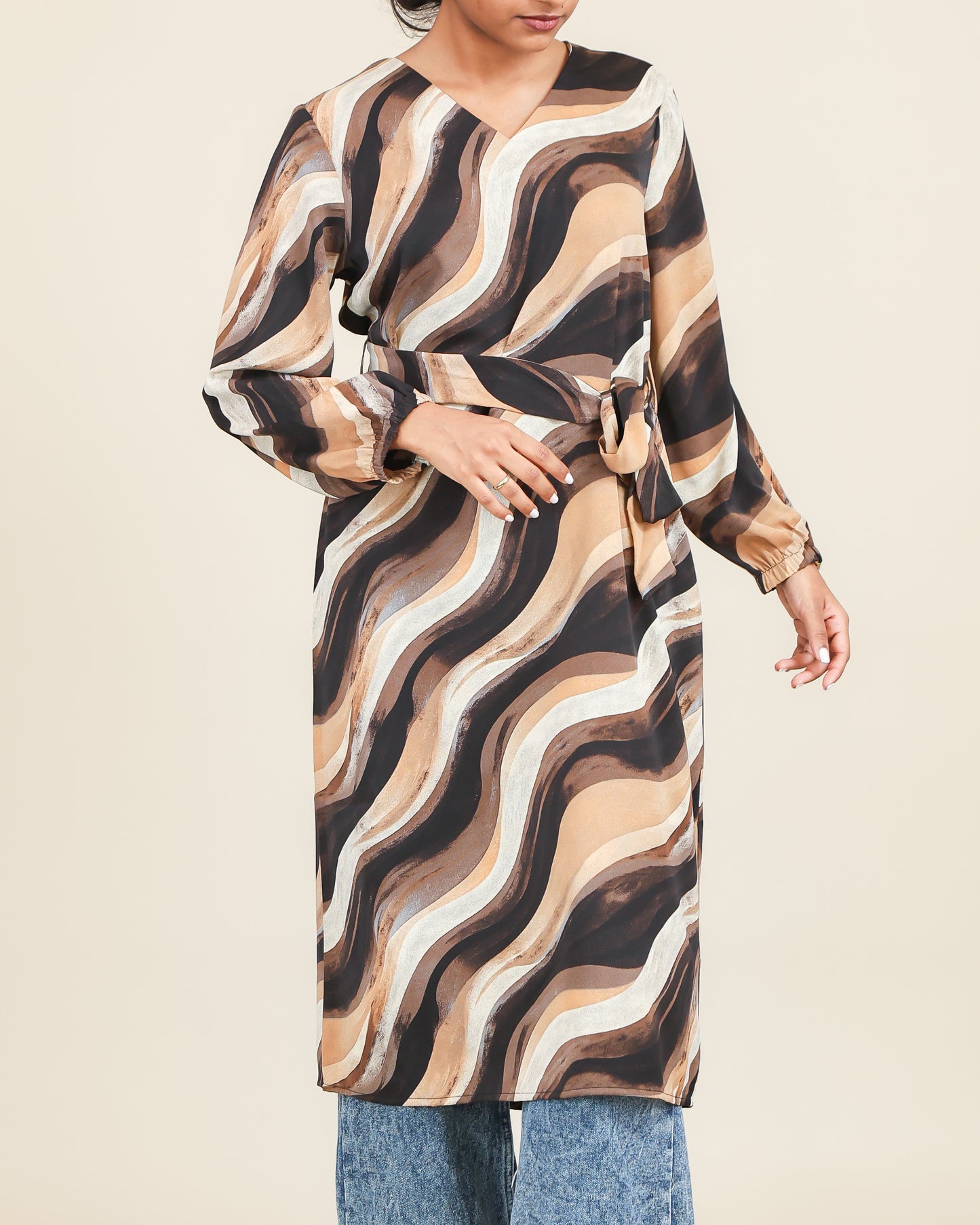 Mocha Wave Flow Belted Top
