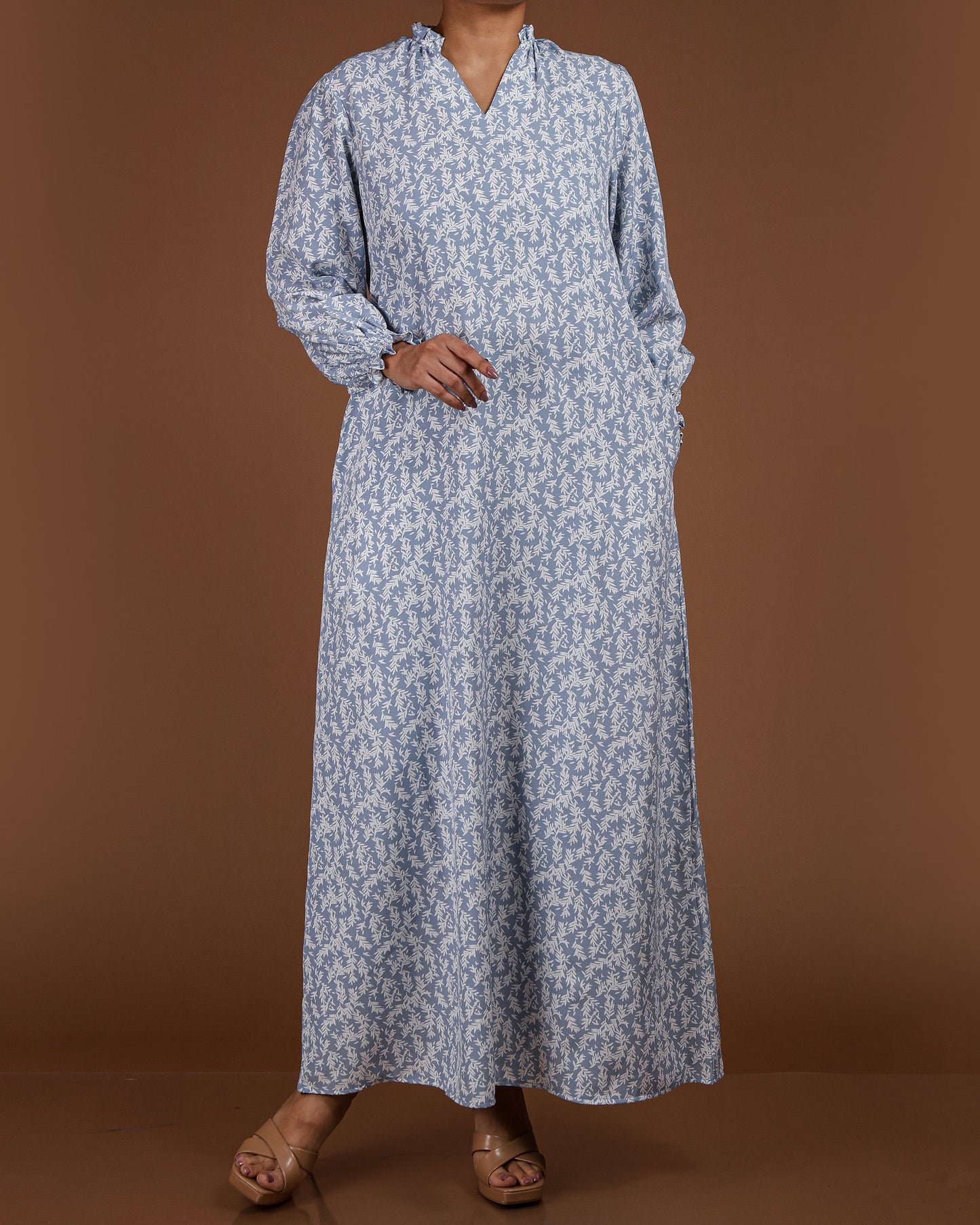 Elegant Printed Linen-Cotton Maxi Dress