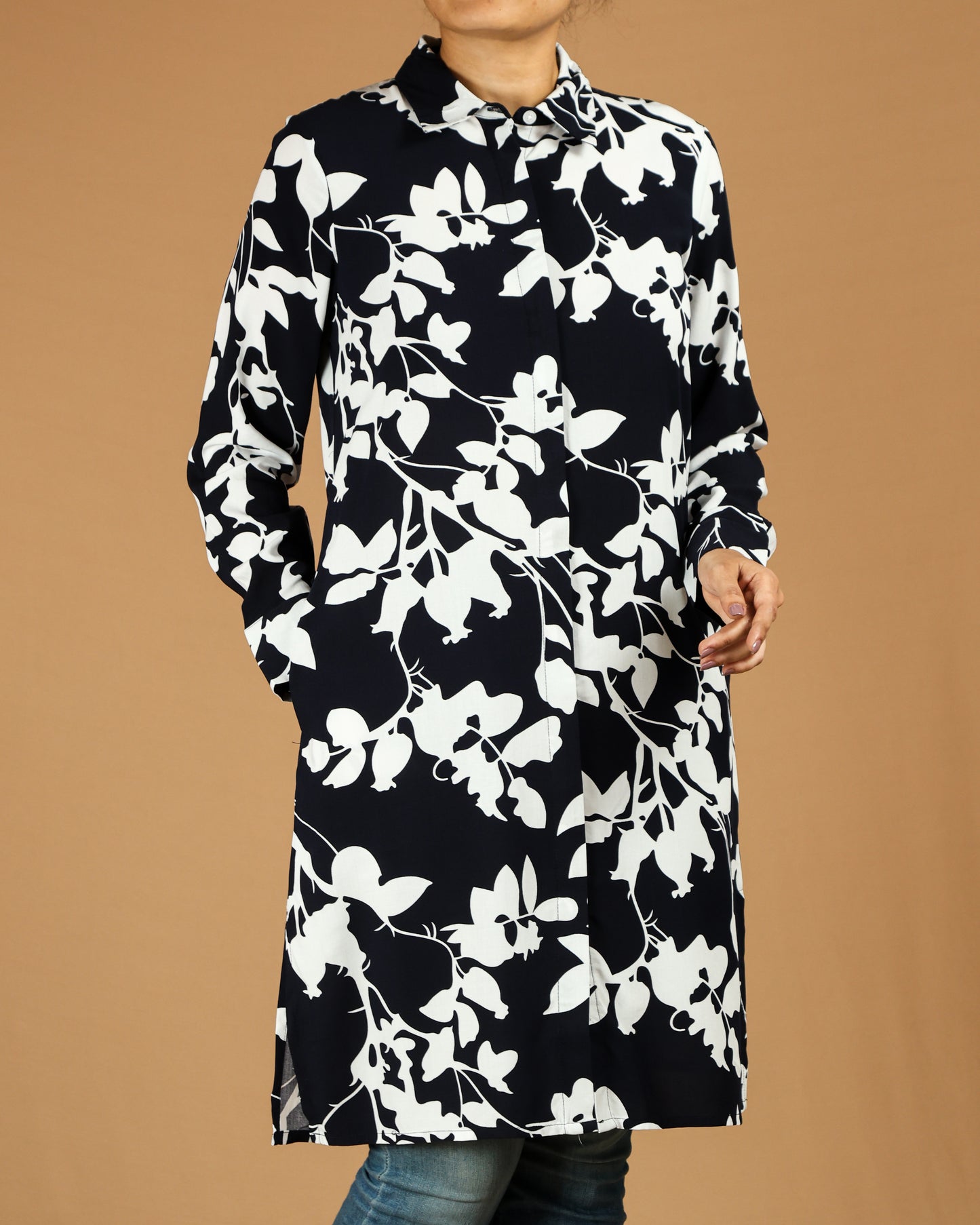 Elegant Black & White Floral Long Shirt for Women