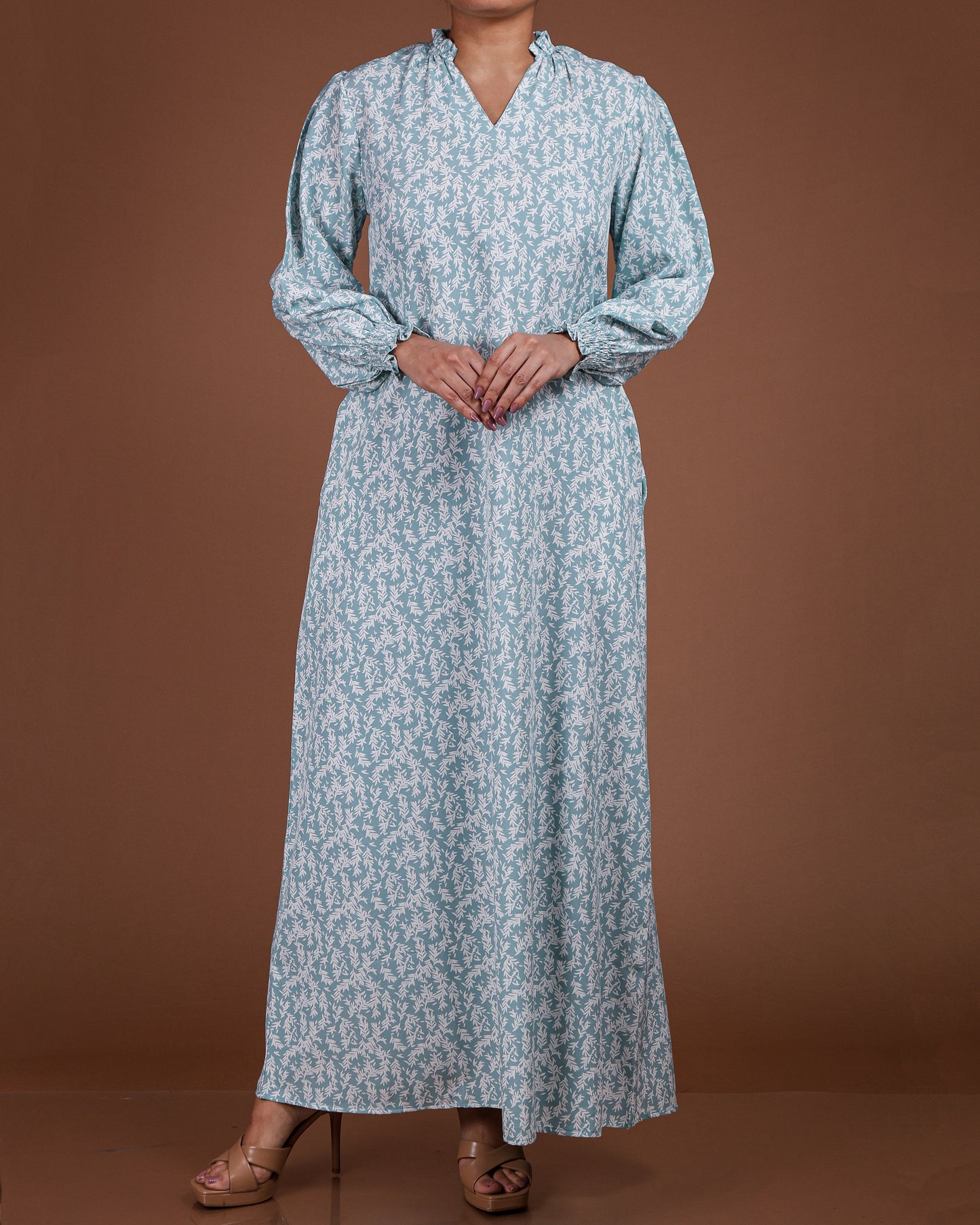 Elegant Printed Linen-Cotton Maxi Dress