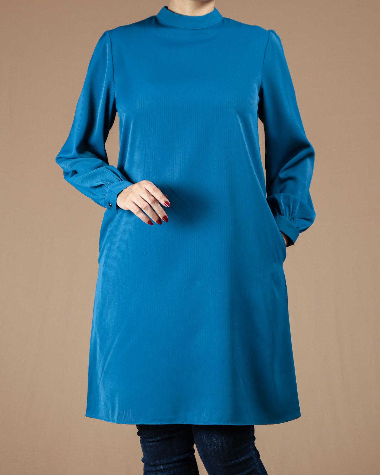 Minimalist High-Neck Long Sleeve Tunic Dress